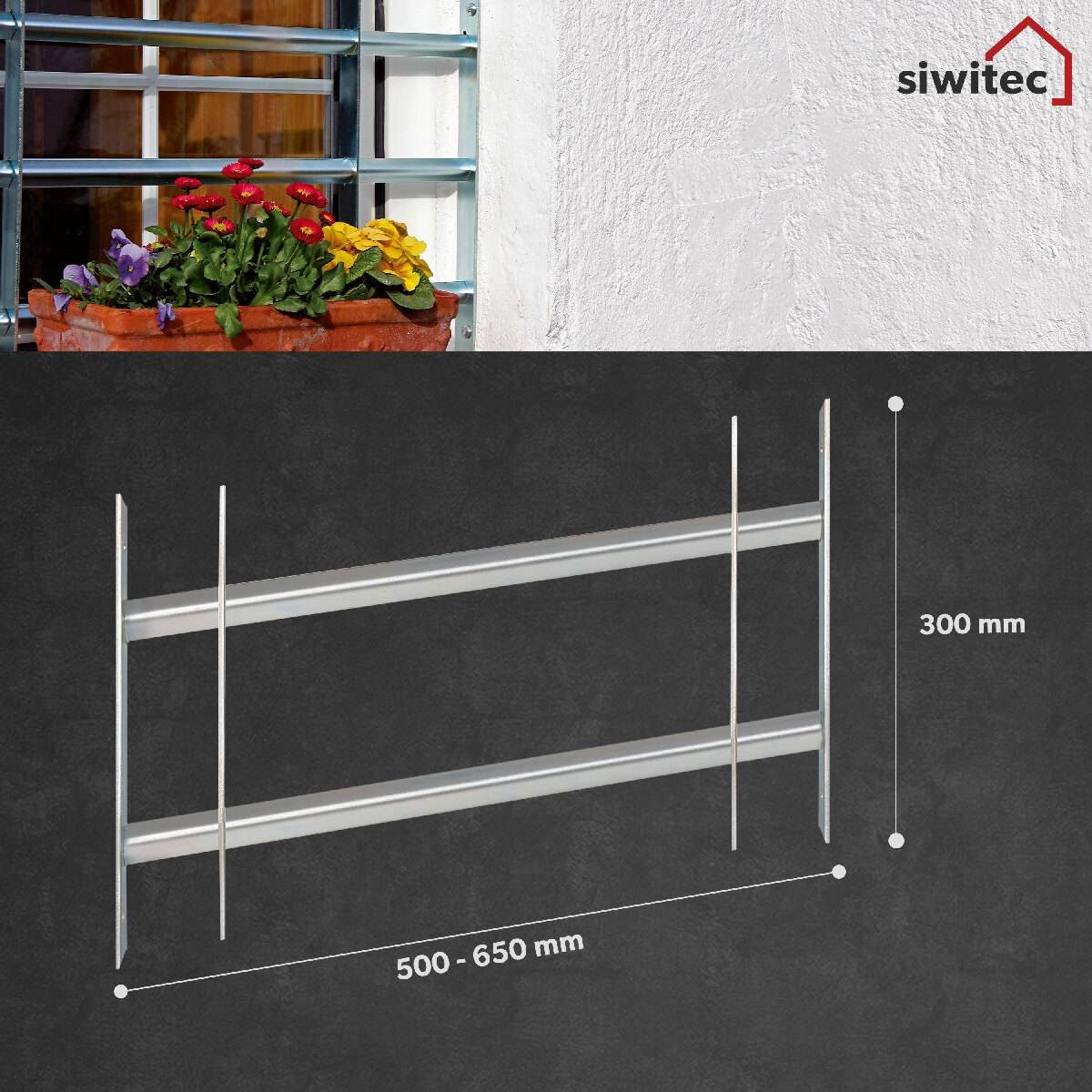 siwitec Fensterschutzgitter Fenstergitter inkl. Montagezubehör, Einbruchschutz, 500 - 650 x 300 mm, Ausziehbar, Inkl. Montagezubehör, Hochwertig, Robust