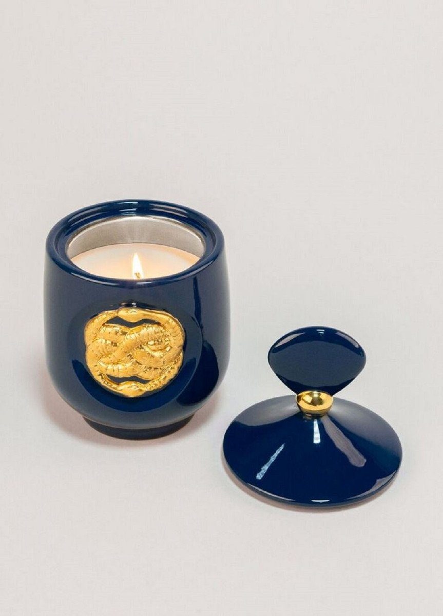 Casa Padrino Teelichthalter H. / Porzellan Qualität Runder - Ø Deckel 11 Gold mit Deko Duftspender Luxus Accessoires - Luxus Raumerfrischer cm Schlangen Dunkelblau - 21 x