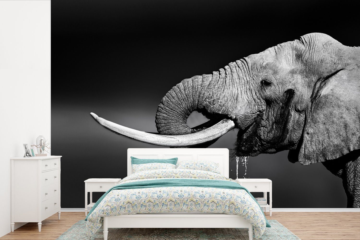 MuchoWow Fototapete Elefant - Wasser - Schwarz - Weiß, Matt, bedruckt, (6 St), Wallpaper für Wohnzimmer, Schlafzimmer, Kinderzimmer, Vinyl Tapete