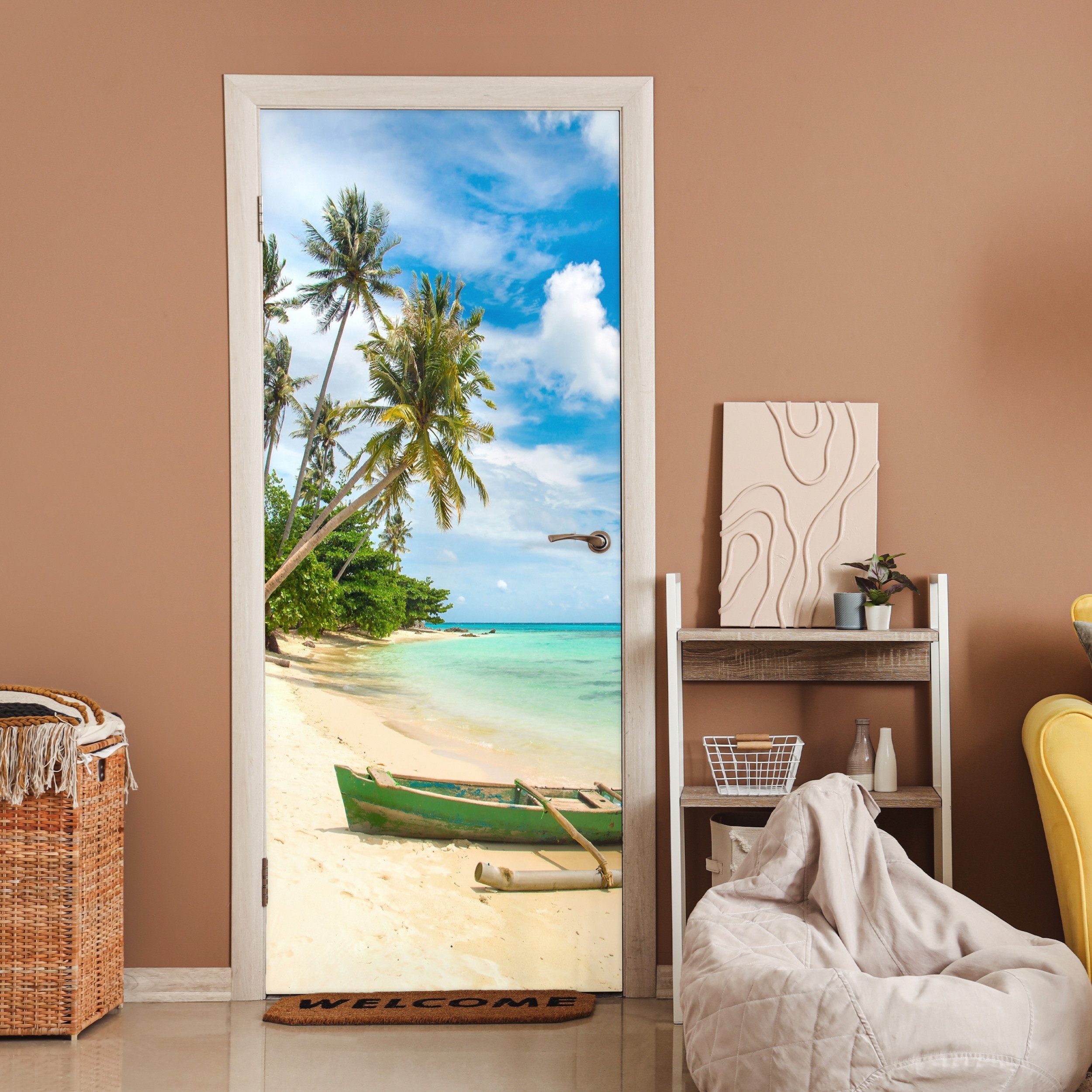 MuchoWow Türtapete Strand - Kanu - Palme - Tropisch, Matt, bedruckt, (1 St), Selbstklebende Tapete, Folie für Möbel, 70x215 cm – Bild 2 von 5