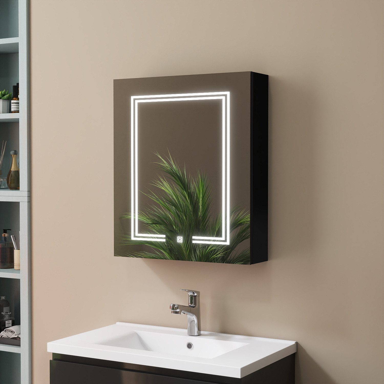 duschspa Spiegelschrank LED Badschrank mit Steckdose drei Lichtfarbe dimmbar Beschlagfrei Touch/Wandschalter, Weiß Matt/Schwarz Hochglanz, 50-100 cm