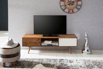 Wohnling Lowboard WL1.974 (TV-Board Sheesham Massivholz 140 cm, Regal Weiß), TV-Kommode mit 2 Türen und 1 Fach, Kabeldurchlass