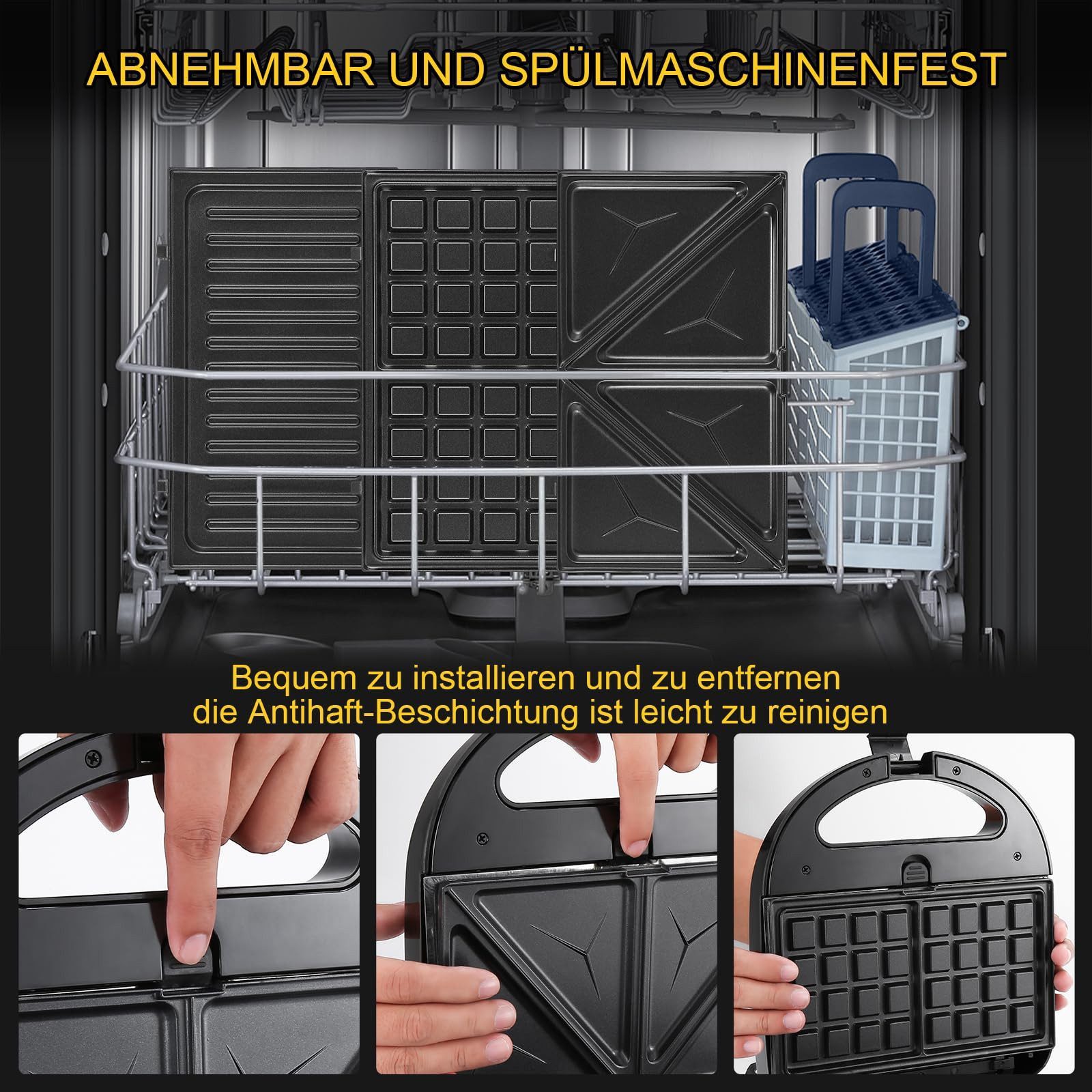 Forrlite 3-in-1-Kombi-Waffeleisen Waffeleisen, Sandwichmaker 3 in 1, Multifunktionsgerät Doppel, 760,00 W, 3 Abnehmbare Platten, Antihaftbeschichtung, LED-Leuch – Bild 4 von 5