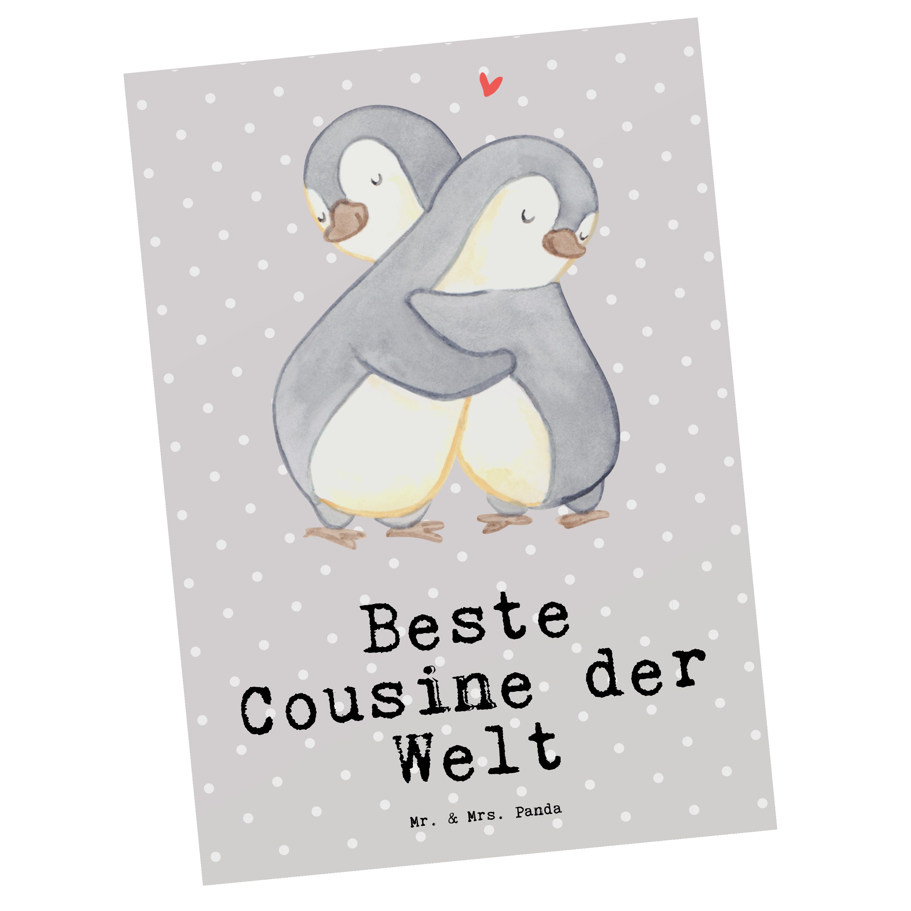 Mr. & Mrs. Panda Postkarte Pinguin Beste Cousine der Welt - Grau Pastell - Geschenk, Geschenkide