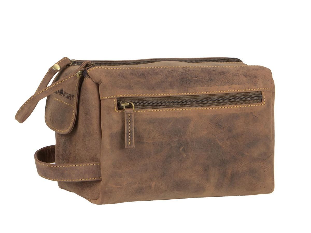 Greenburry Kulturbeutel "Vintage" Leder 23x15cm, Kosmetikbeutel, Waschtasche, für Damen und Herren, braun