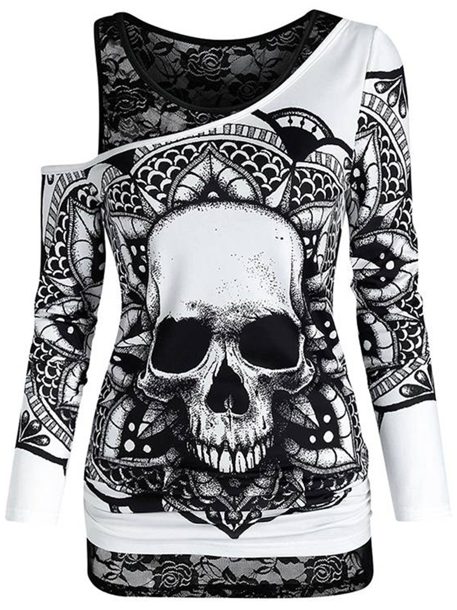 LAPAPRO Langarmbluse Damen Langarm-T-Shirt Schulterfrei Schädel lässige Blusen Oberteile 2pes Kalte Schulter Sexy abfallende Schulter