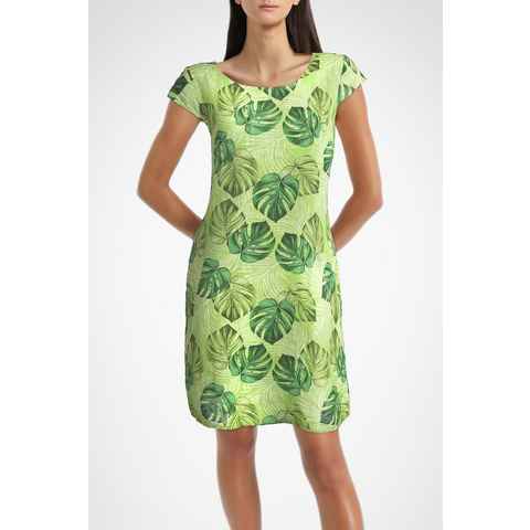 PEKIVESSA Sommerkleid Leinenkleid Damen Kurzarm knielang mit Blätterdruck