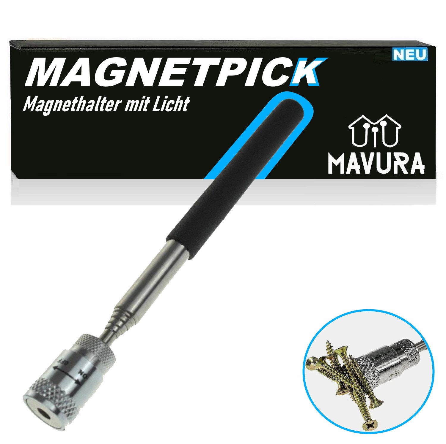 MAVURA Magnethalter MAGNETPICK Magnetgreifer Magnetheber Magnet Heber Magnetstab, Teleskopmagnet Magnethalter mit Licht schwarz bis 80cm