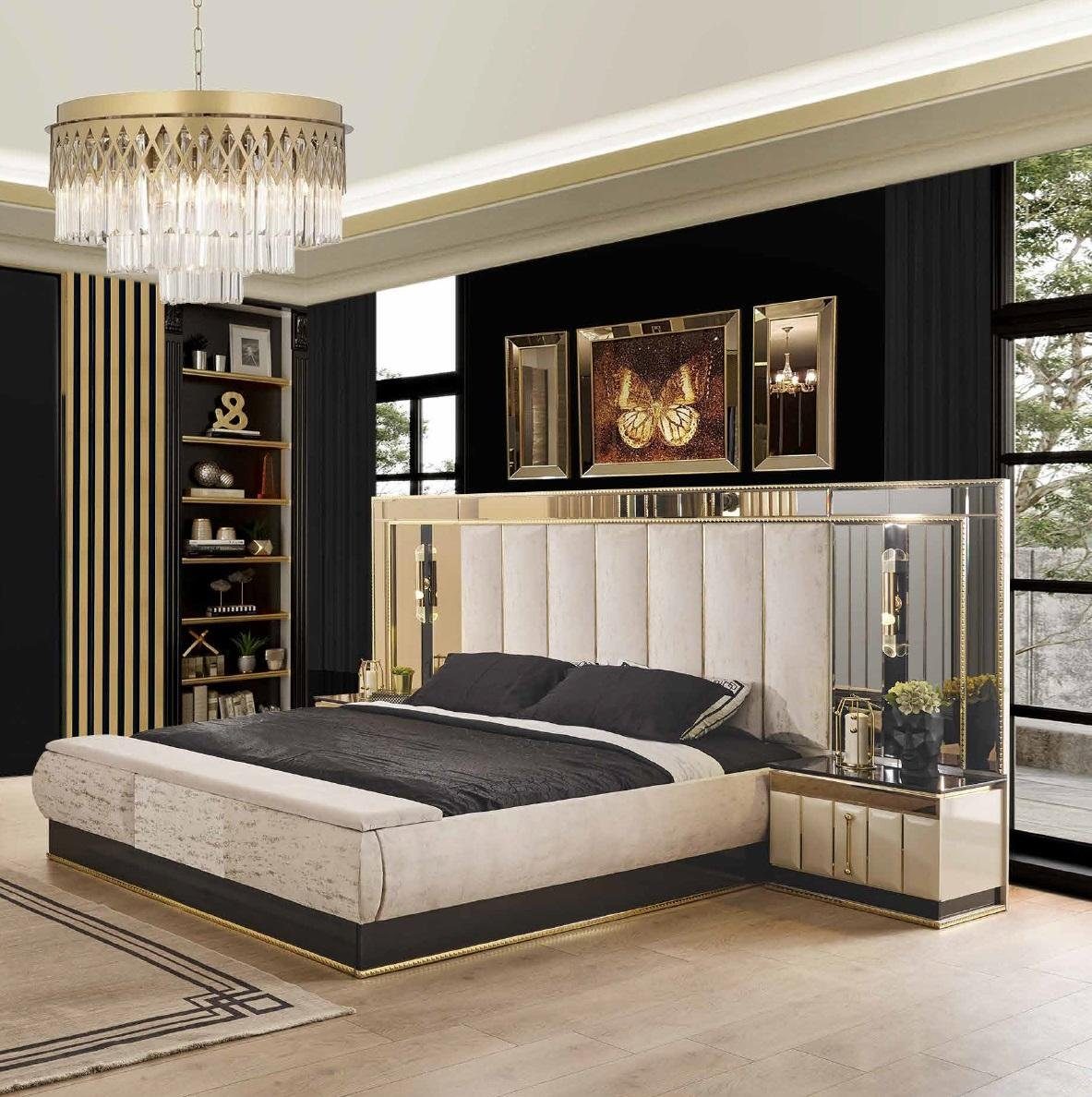 JVmoebel Bett Bett 2 Nachttisch Schlafzimm Luxus Designer Möbel Gold Hochglanz (3-tlg)