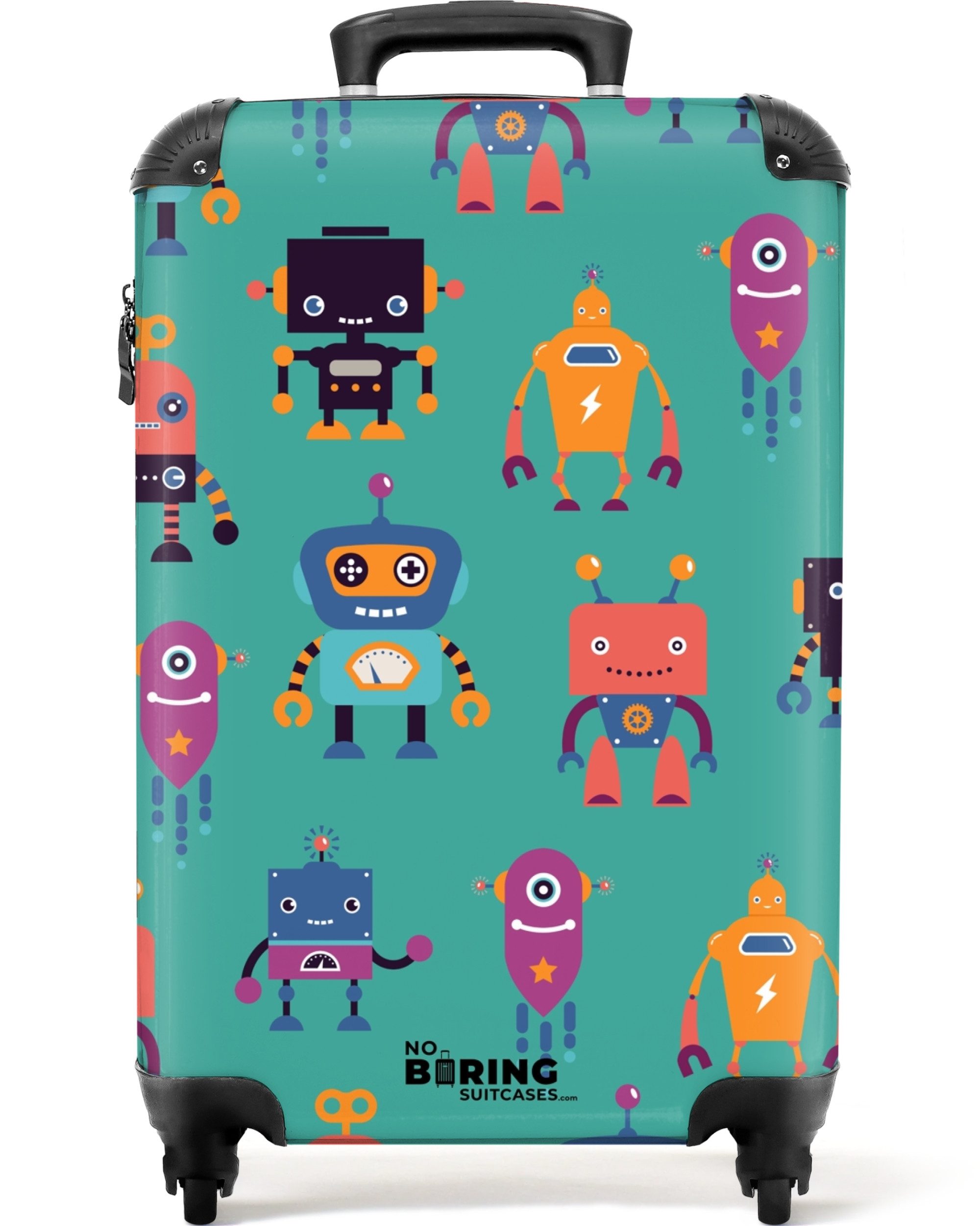 NoBoringSuitcases.com© Kinderkoffer Roboter in fröhlichen Farben auf grünem Hintergrund 55x35x20cm, 4 Rollen, Reisetasche mit Rollen, Koffer Handgepäck Flugzeug