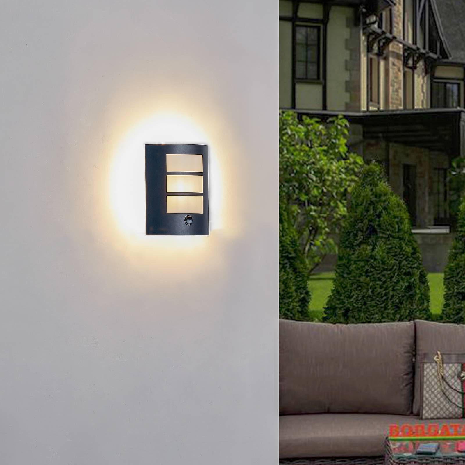 Lindby Außen-Wandleuchte Vimal, Metall, Schwarz IP44mit Bewegungsmelder, 1 x 15 W LED