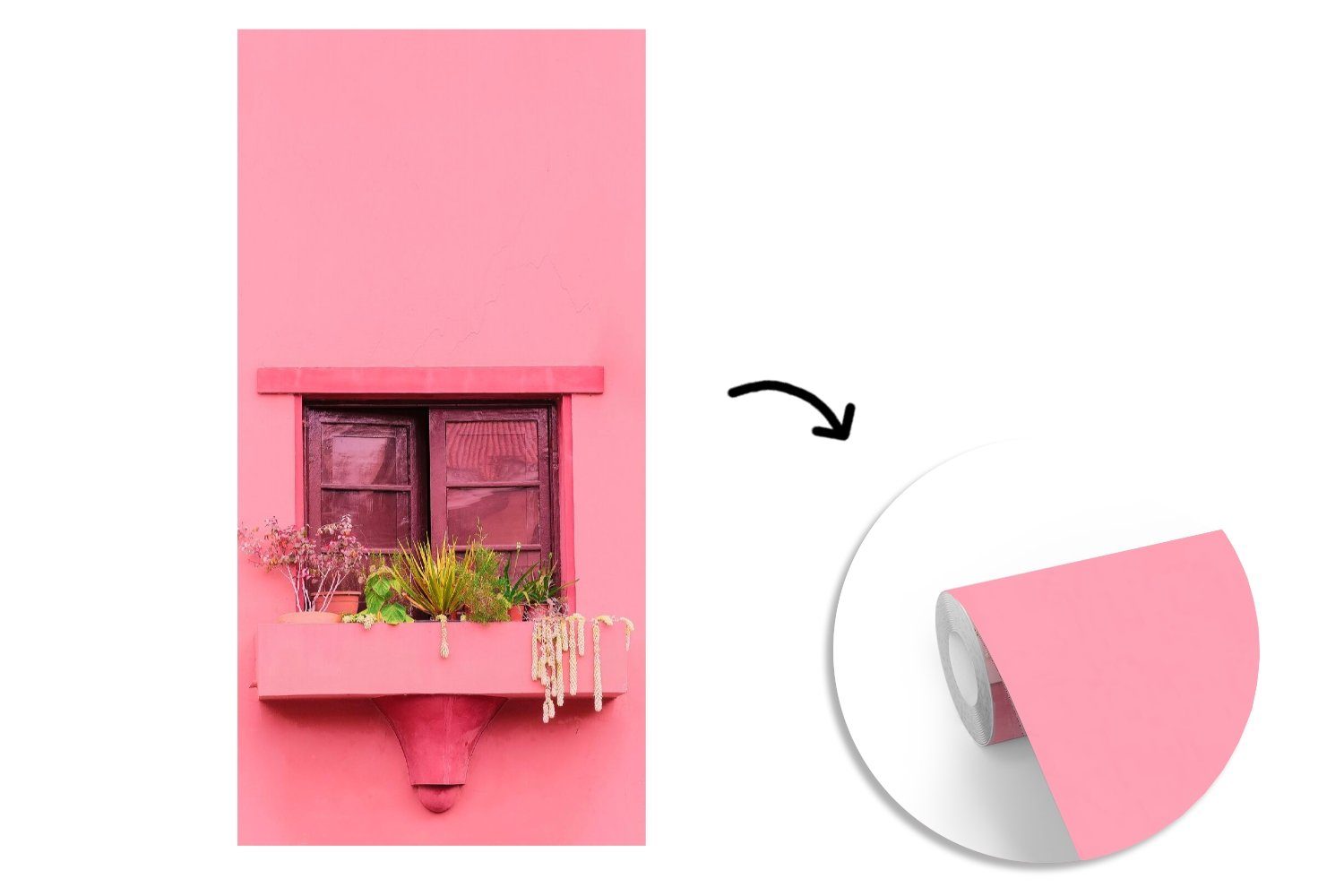 MuchoWow Pflanzgefäß, bedruckt, Küche, - Fototapete Wohnzimmer Rosa Fenster - Pflanzen Schlafzimmer St), Vliestapete - (2 für Matt, Fototapete