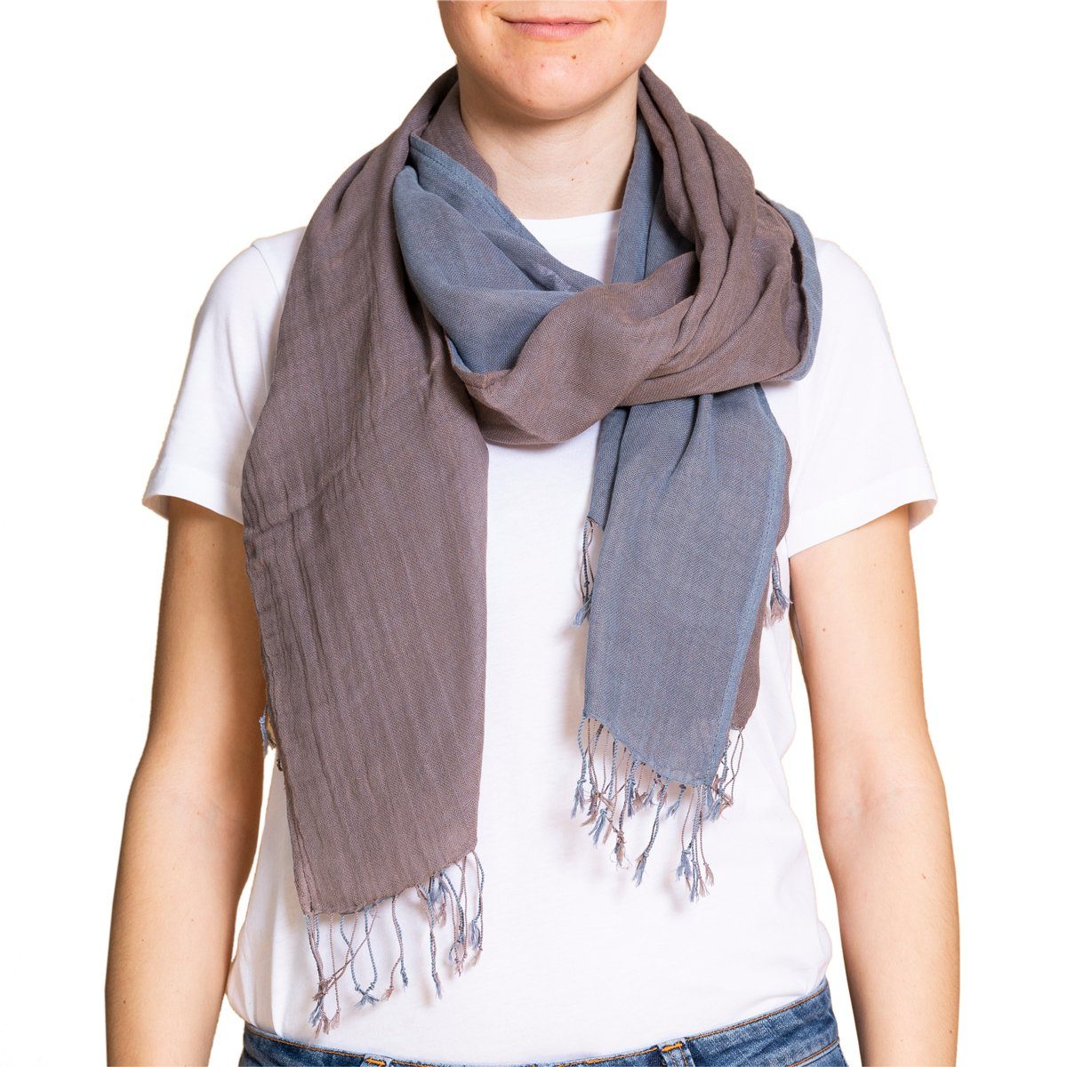 PANASIAM Modeschal elegantes Schultertuch zweifarbig auch als Schal oder Stola tragbar, in schönen farbigen Designs mit kleinen Fransen aus Baumwolle