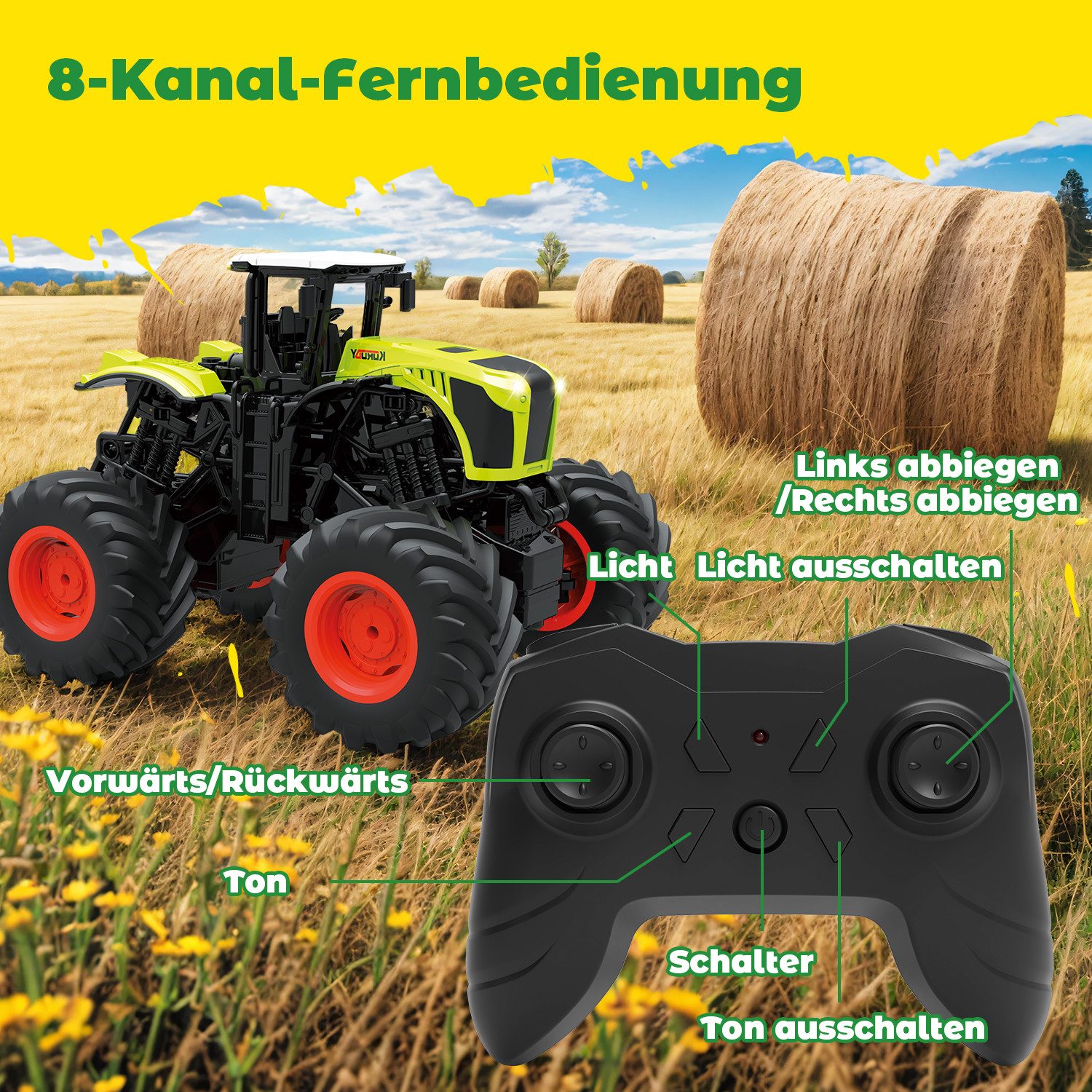 Esun RC-Traktor Ferngesteuerter Traktor Ferngesteuert ab 3 4 6 Jahre, 2,4GHz 1:16 (SET, Komplettset), 8 Kanal Traktor Spielzeug ab 3 4 6 Jahre