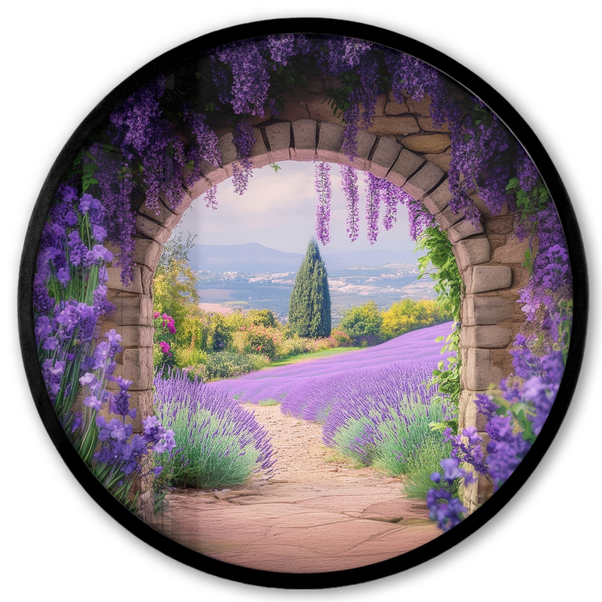 Poster Rund - Fensterblick - Lavendel - Blumen - Lila - Gateway