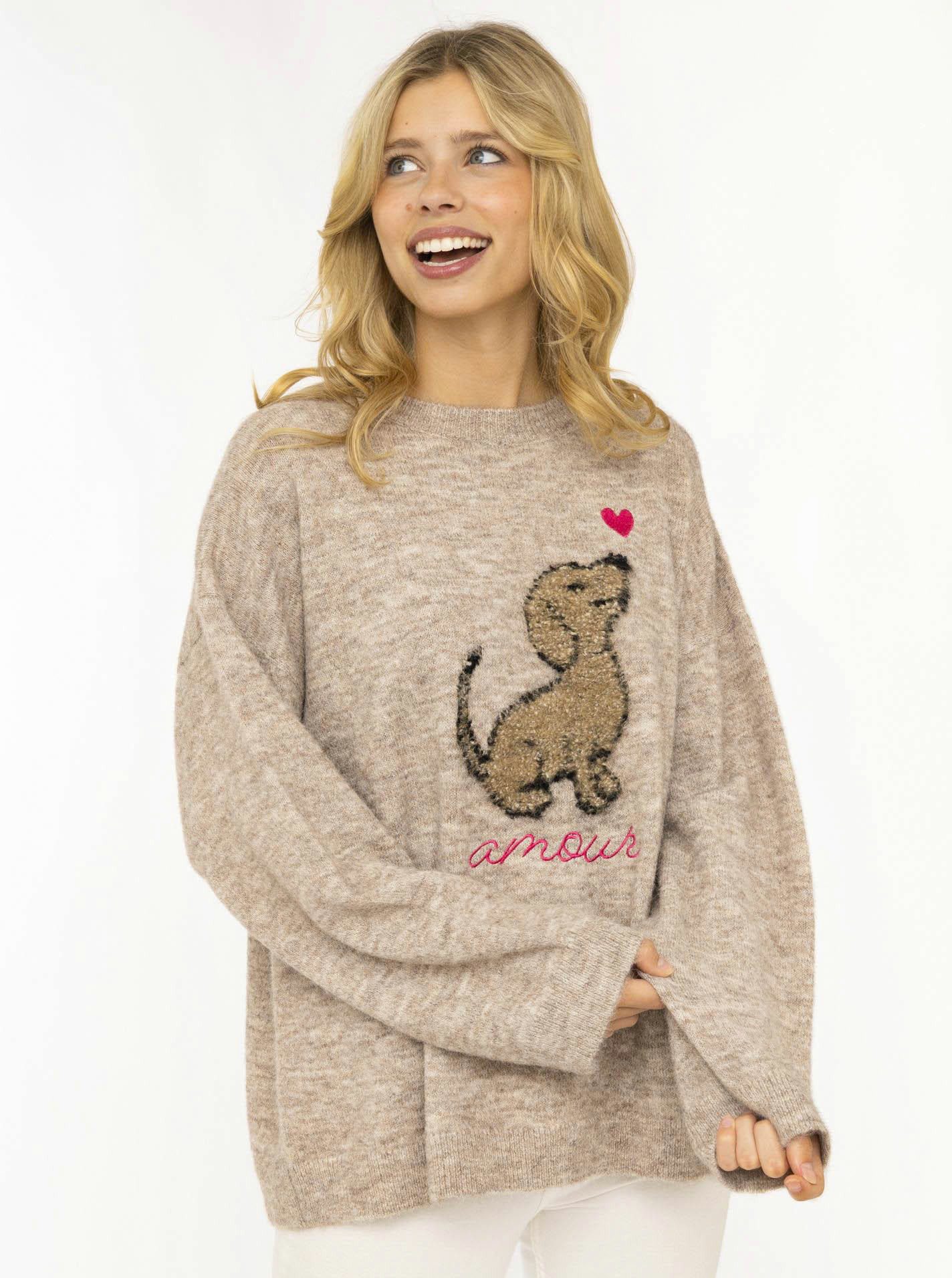 Zwillingsherz Strickpullover "Dog Amour" mit Hundemotiv, Rundhals, oversize, überschnittene Schultern, Strick