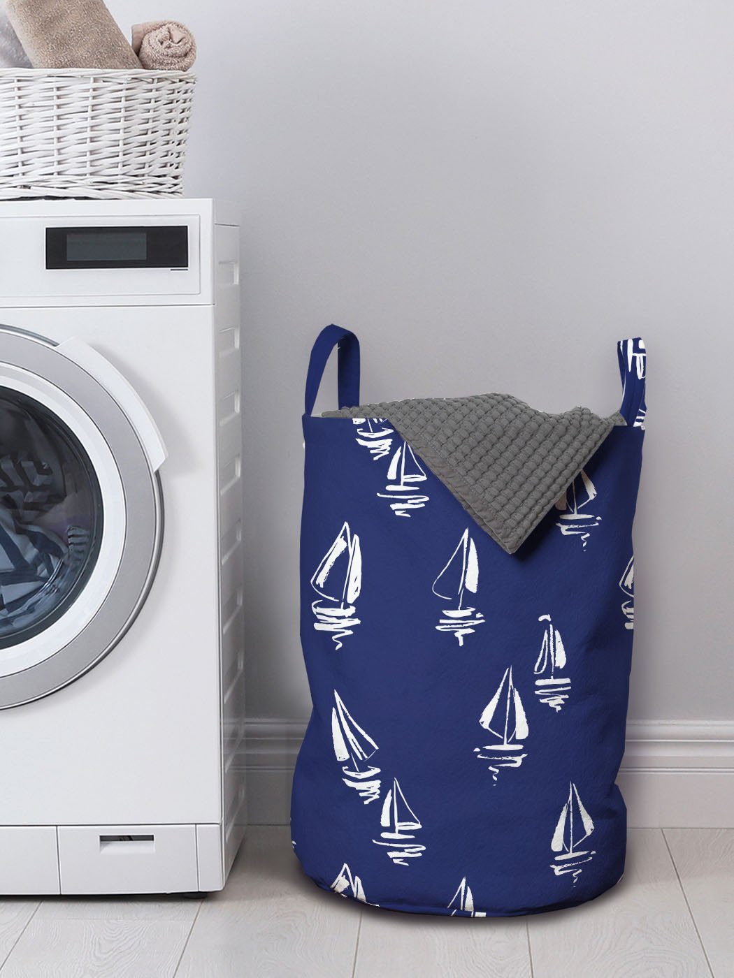 Abakuhaus Wäschesäckchen Wäschekorb Kordelzugverschluss blau Segelyacht Waschsalons, Griffen Doodle für Navy mit