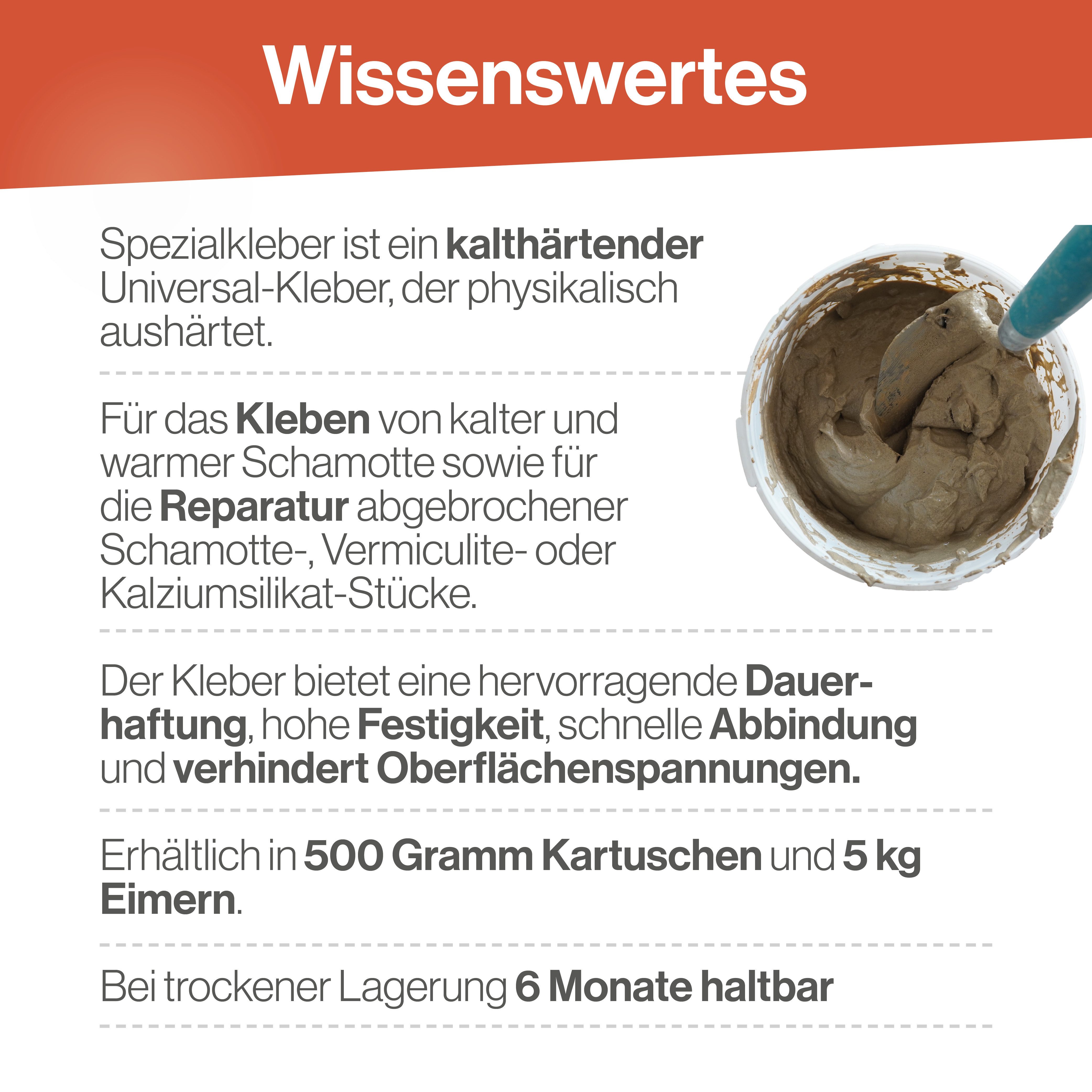 Feuerfest 123 GmbH Mörtel Universal feuerfester Spezial-Kleber, (hitzebeständig bis 1.350 °C, physikalische Trocknung), für Schamotte, Vermiculite und feuerfeste Bauteile