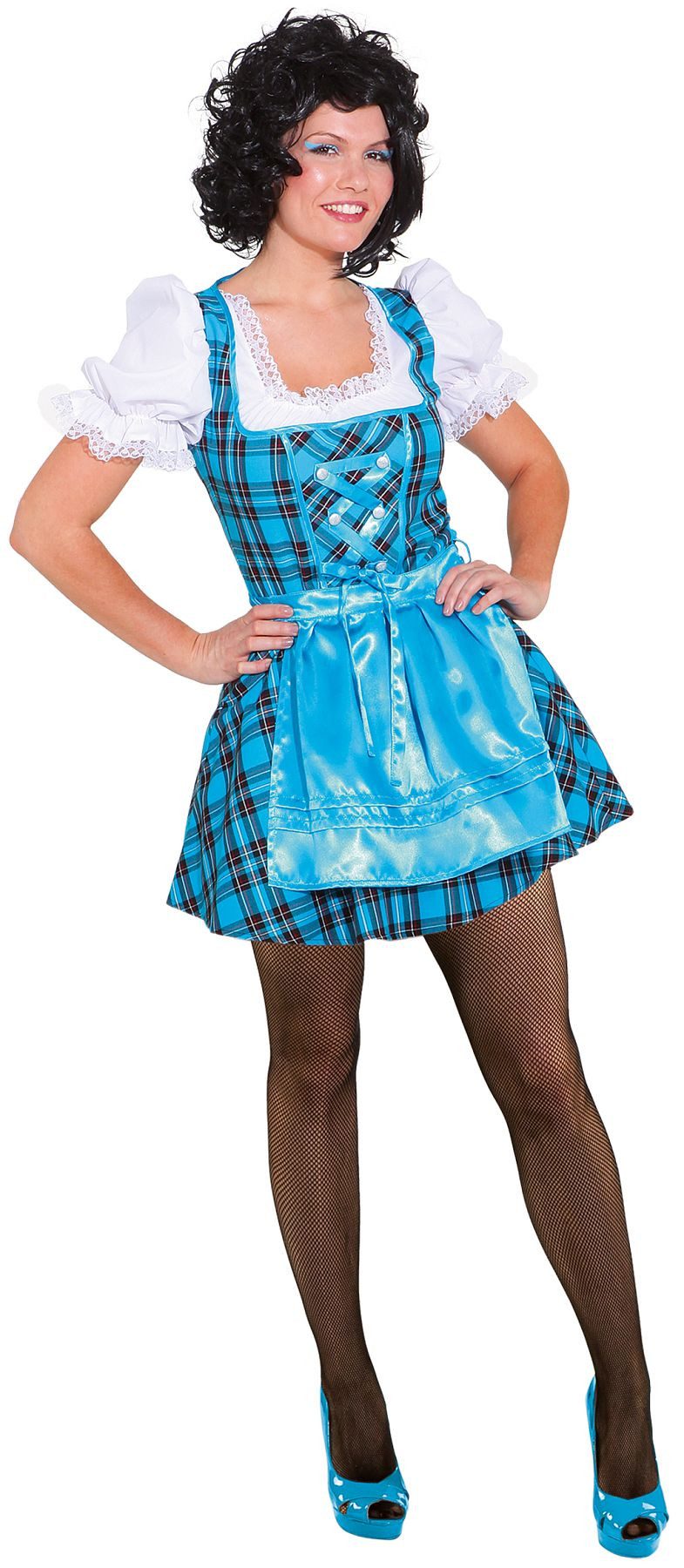 Orlob Dirndl Dirndl kurz türkis kariert mit Satin Schürze Kostüm Oktoberfest Alm (Kleid mit Schürze)