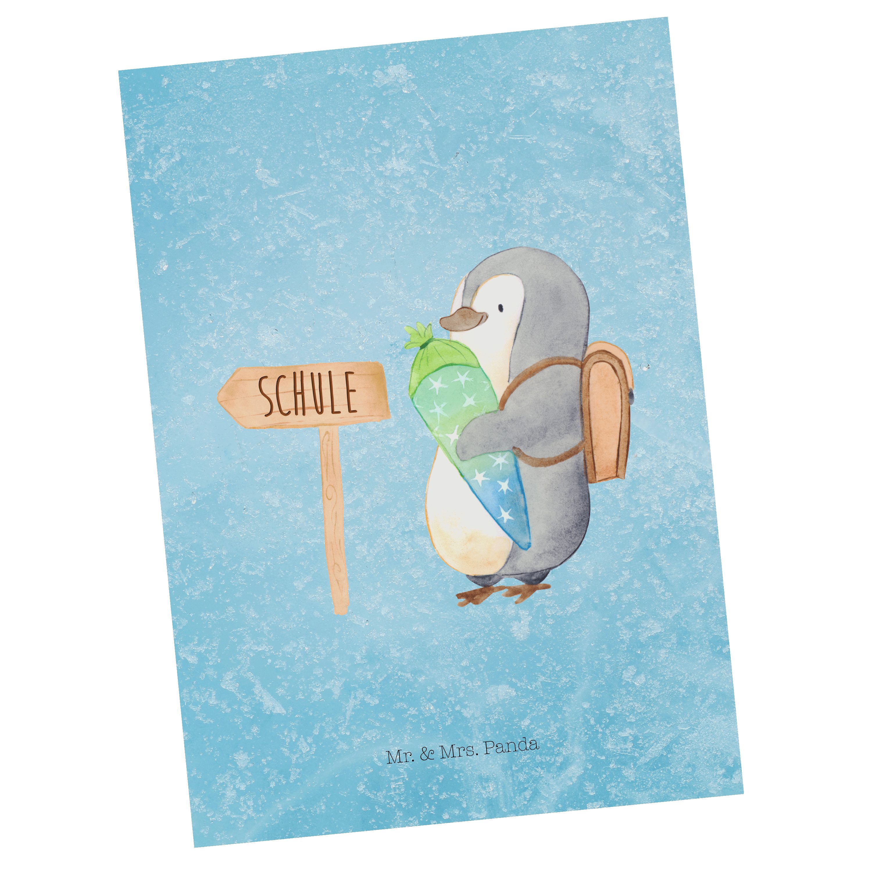 Mr. & Mrs. Panda Postkarte Pinguin Schultüte - Eisblau - Geschenk, Ansichtskarte, Grußkarte, Dan