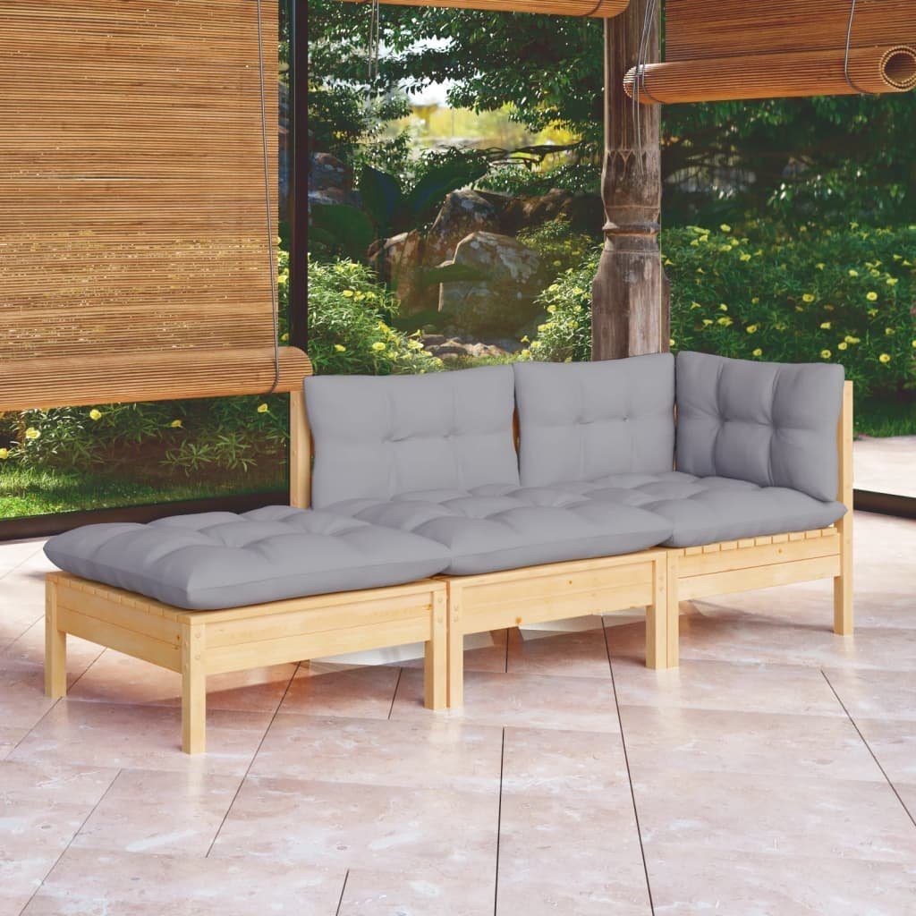 vidaXL Gartenlounge-Set 3-tlg. Garten-Lounge-Set mit Grauen Kissen Kiefer Massivholz, (1-tlg)