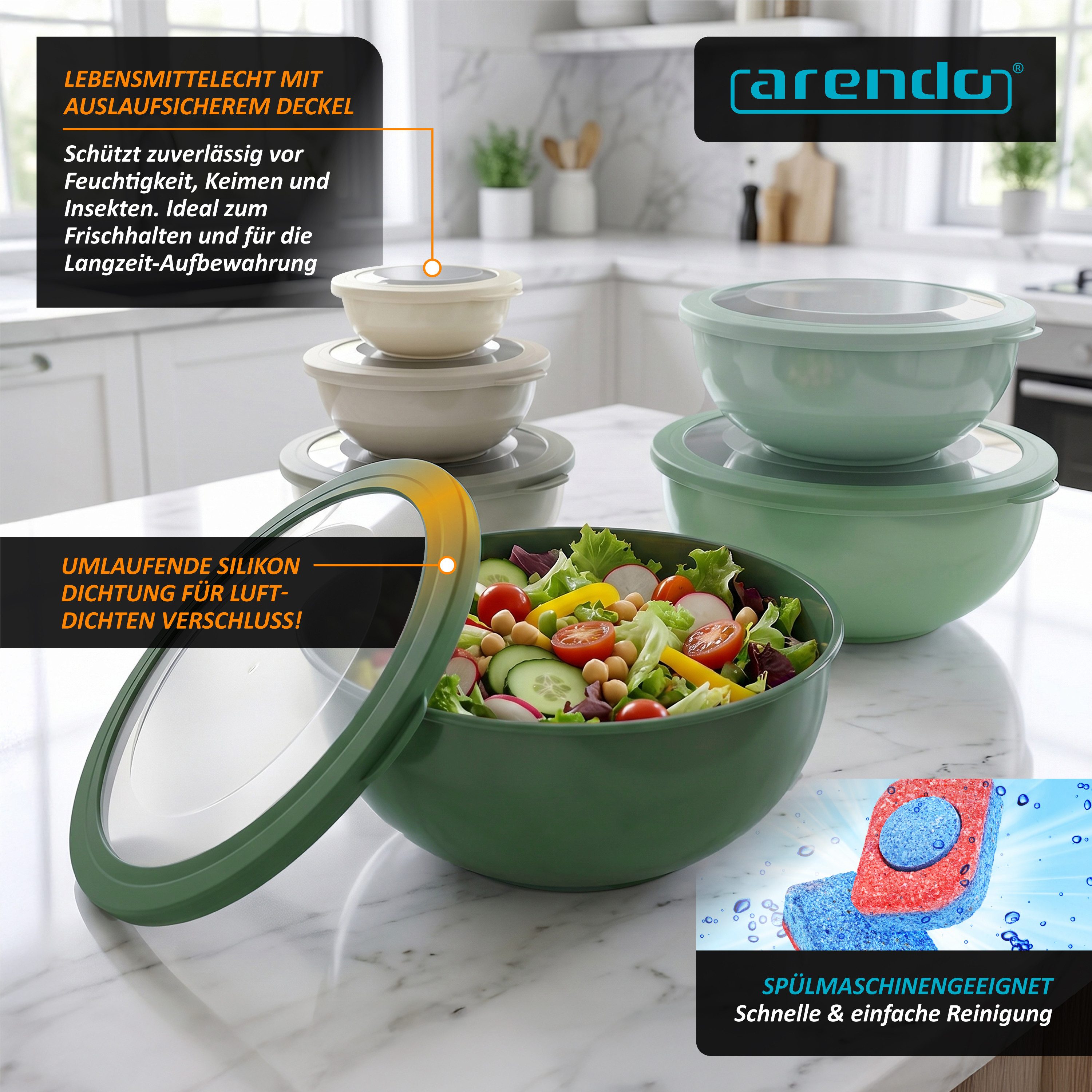Arendo Salatschüssel 6er Schüssel Set mit Deckel, 0,26 bis 5 Liter, Rührschüssel, Kunststoff, (Set, 6-tlg), auslaufsicher, stapelbar, Spülmaschinen & Mikrowelle – Bild 5 von 5