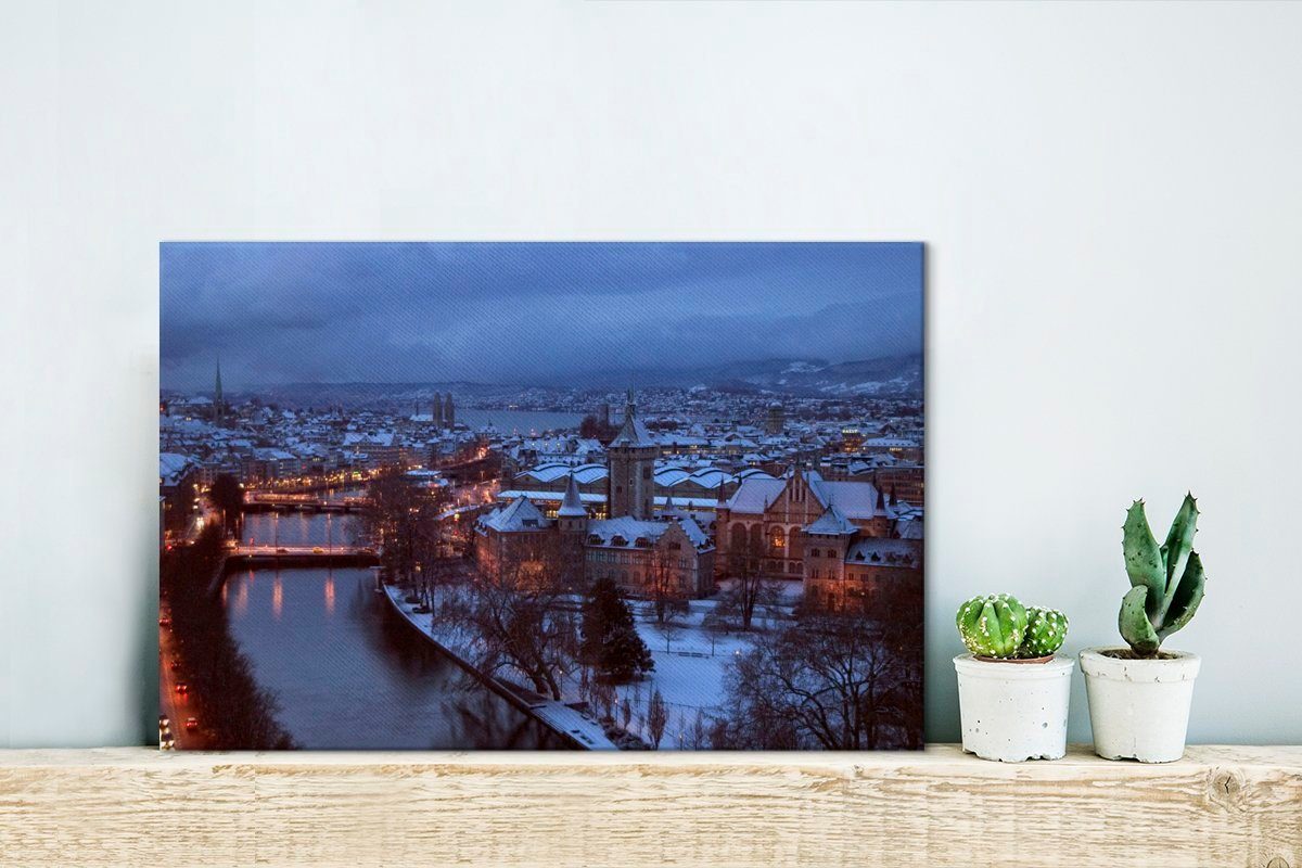 OneMillionCanvasses® Leinwandbild Winter in bei Aufhängefertig, Wanddeko, (1 cm 30x20 Wandbild St), Zürich Nacht, Leinwandbilder