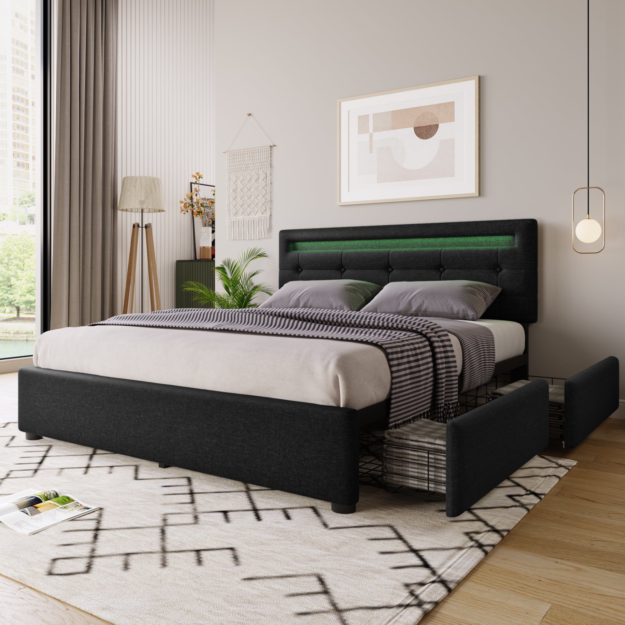 Ulife Polsterbett Doppelbett mit LED-Beleuchtung Höhenverstellbarem günstig online kaufen