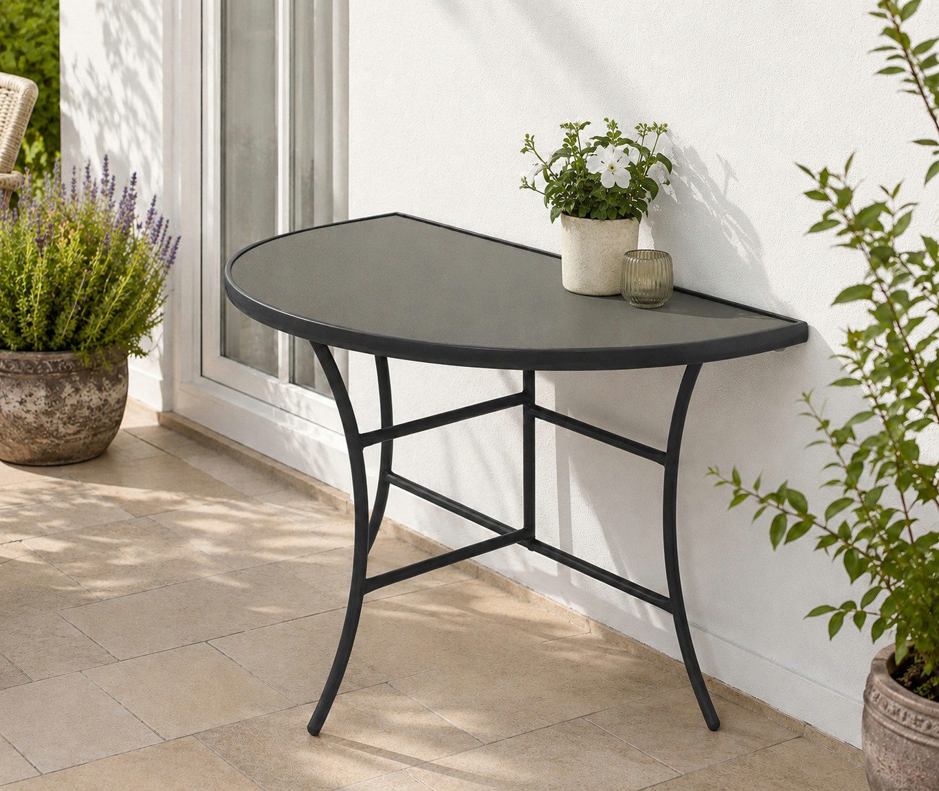 DEGAMO Gartentisch PALERMO, Anstelltisch halbrund 58x110cm, Metall anthrazit, Glas grau