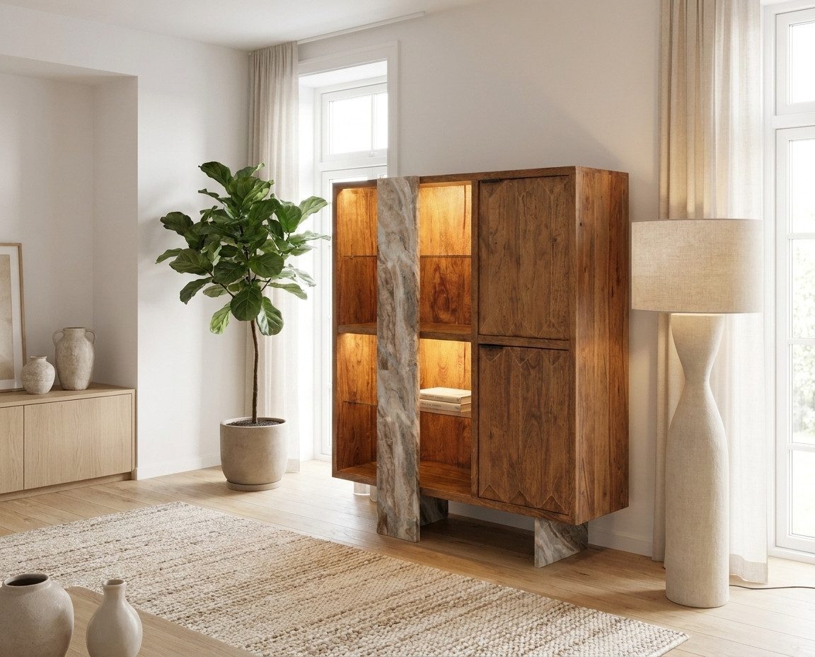 WOLF MÖBEL Sideboard (120x 40 x 140), MARBLE Highboard 2 Türen / 4 Fächer / Marmor / Licht