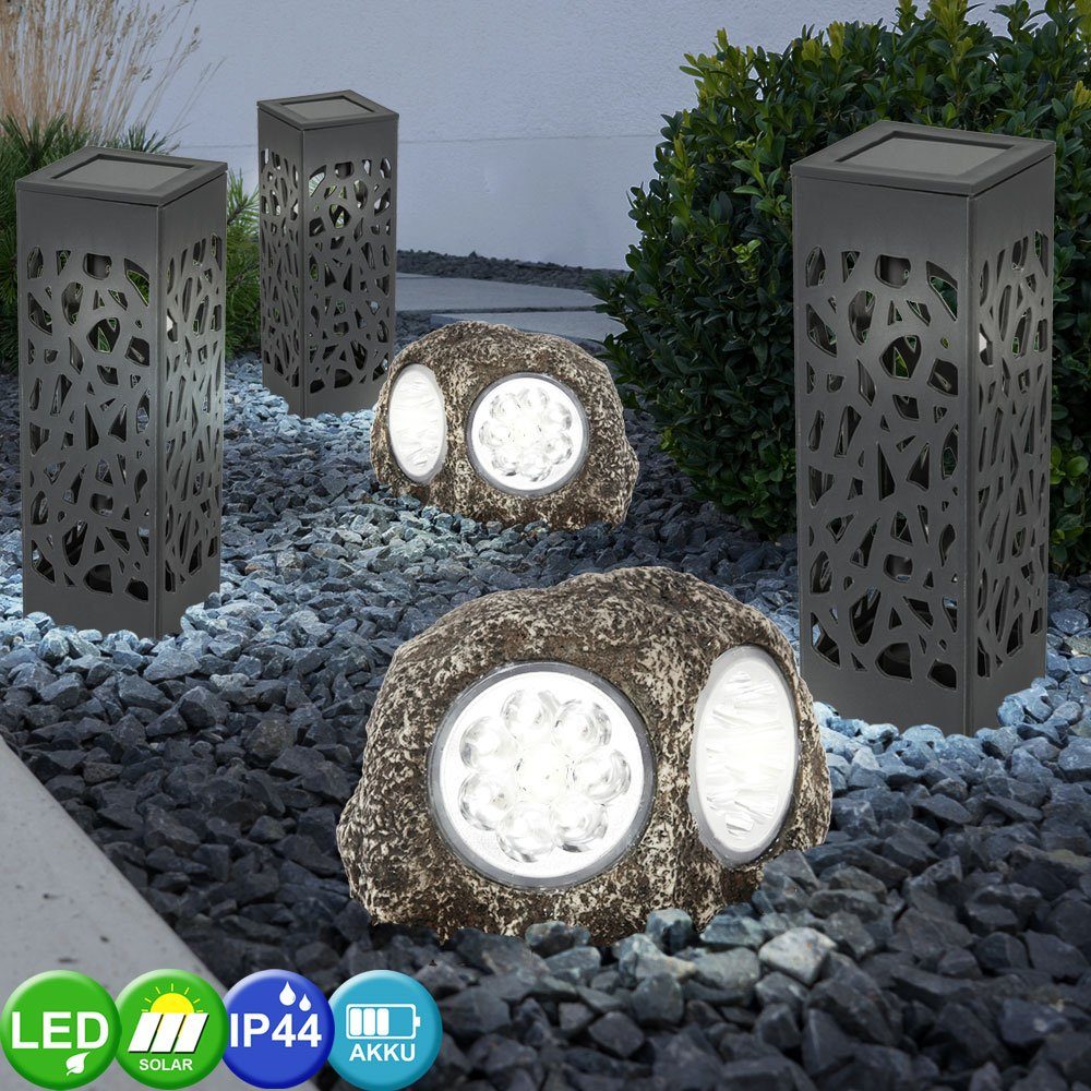 Solar verbaut, Steh Solarleuchte, LED-Leuchtmittel LED Lampen 5er fest Stein LED Außen Optik Leuchten etc-shop Set