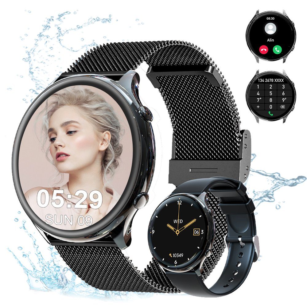 Powerwill Damen Smartwatch mit Telefonfunktion,  1,39-Zoll-HD-Voll-Touchscreen Smartwatch (1,39 Zoll), mit Wechselarmband  aus Silikon, Fitness-Tracker mit 120 Sportmodi, SpO2-Herzfrequenzmesser