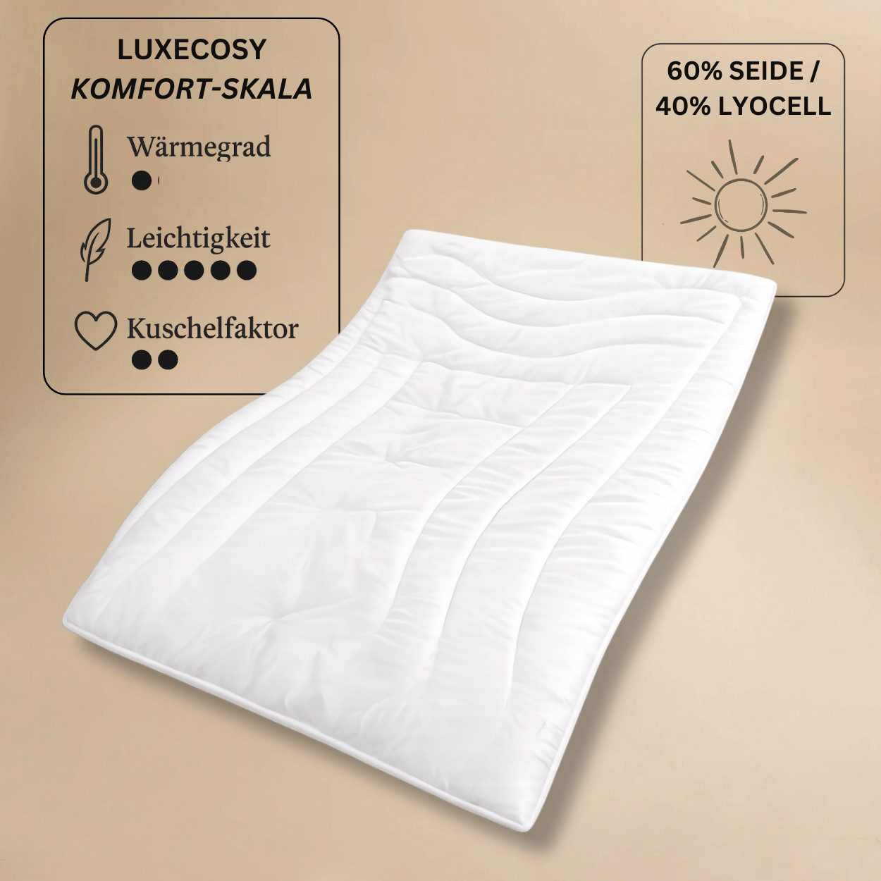 LuxeCosy GmbH Sommerbettdecke Seiden Lyocell Sommerdecke, Bezug: Premium-Satin 100% Baumwolle, 135x200 cm, 155x220 cm, 200x200 cm