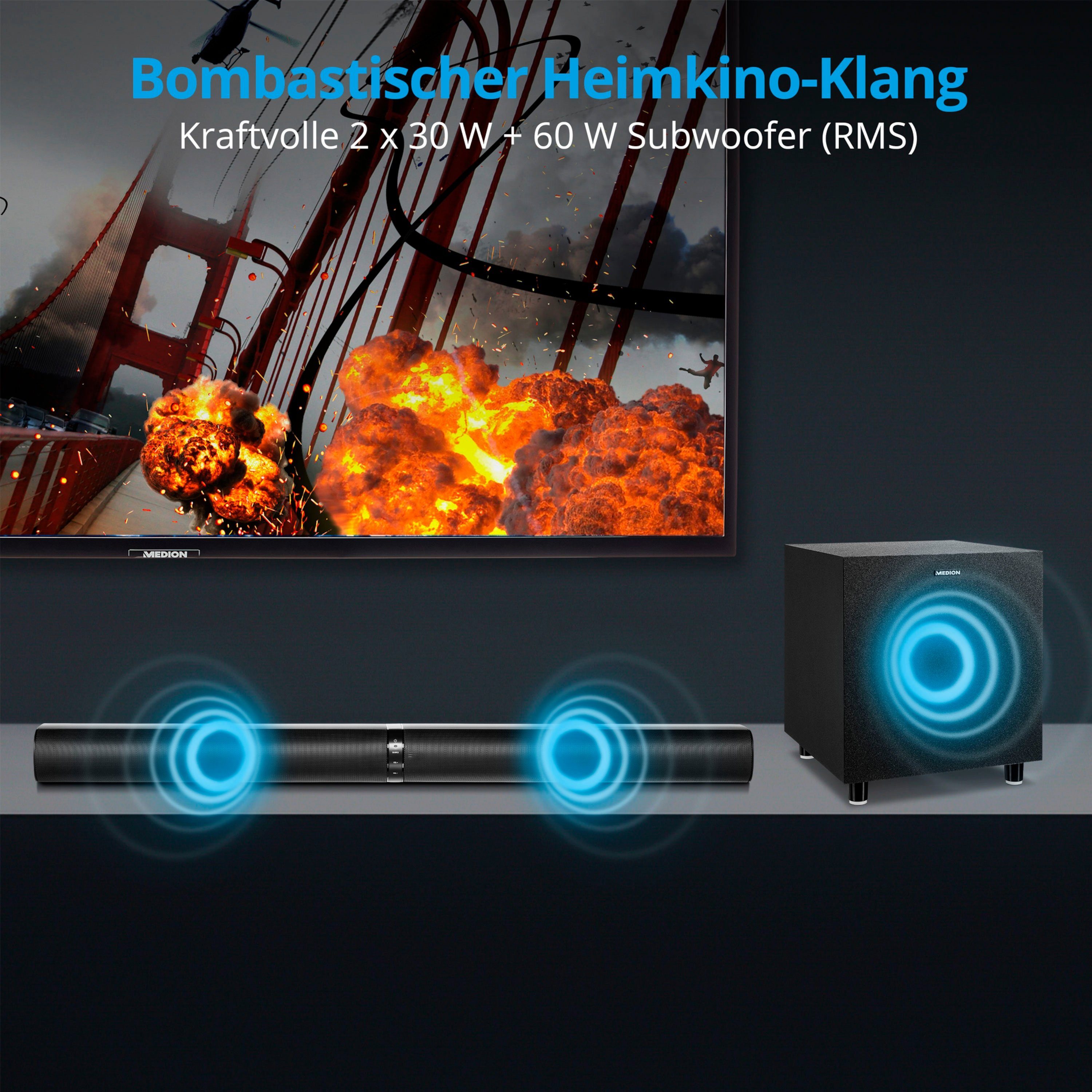 Medion® LIFE® P61450 Soundbar, Bluetooth®, 2 x 30 W und 60 W (RMS) Subwoofer Soundbar (Bluetooth, 30 W, 3 Soundeinstellungen, Kabellose Musikübertragung)