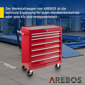 Arebos Werkstattwagen 7 Fächer, zentral abschließbar, inkl. Antirutschmatten, rot, (Werkzeug Rollwagen 7 Fächer)