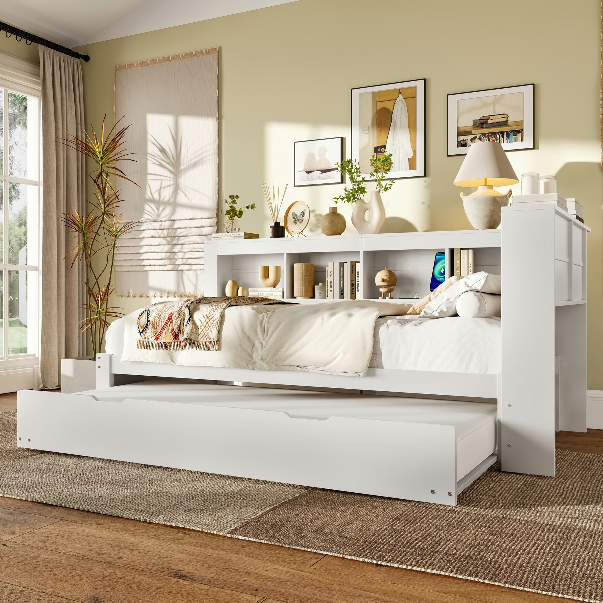 Merax Daybett mit Steckdose und 2 USB-Anschlüssen (Kiefer Sofabett Kinderbett Jugendbett, 1 tlg), Schlafsofa Tagesbett 90x200cm mit Ausziehbett 90x190cm & Stauf – Bild 2 von 5
