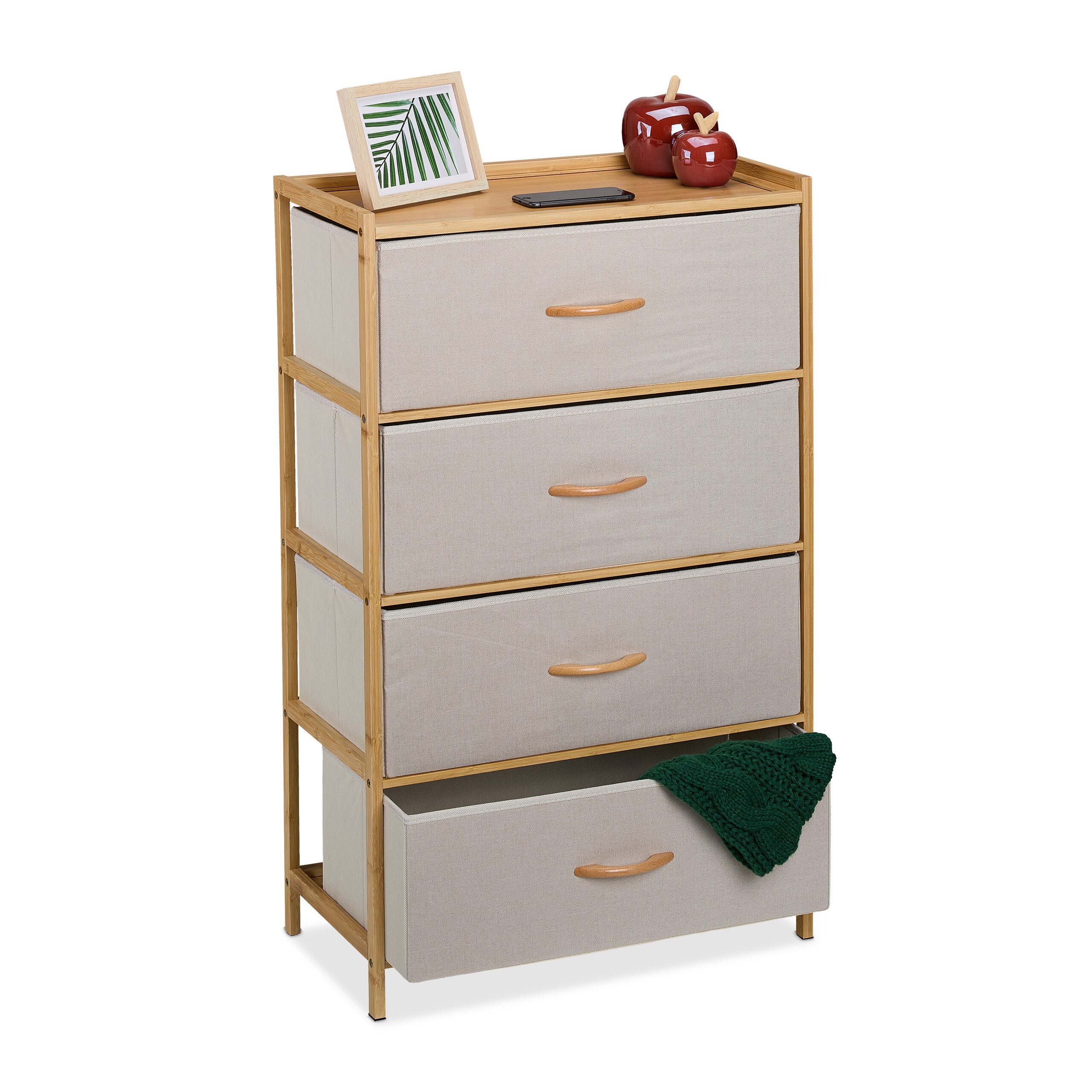 relaxdays Kommode Bambus Kommode 4 Schubladen (1 St), Beige