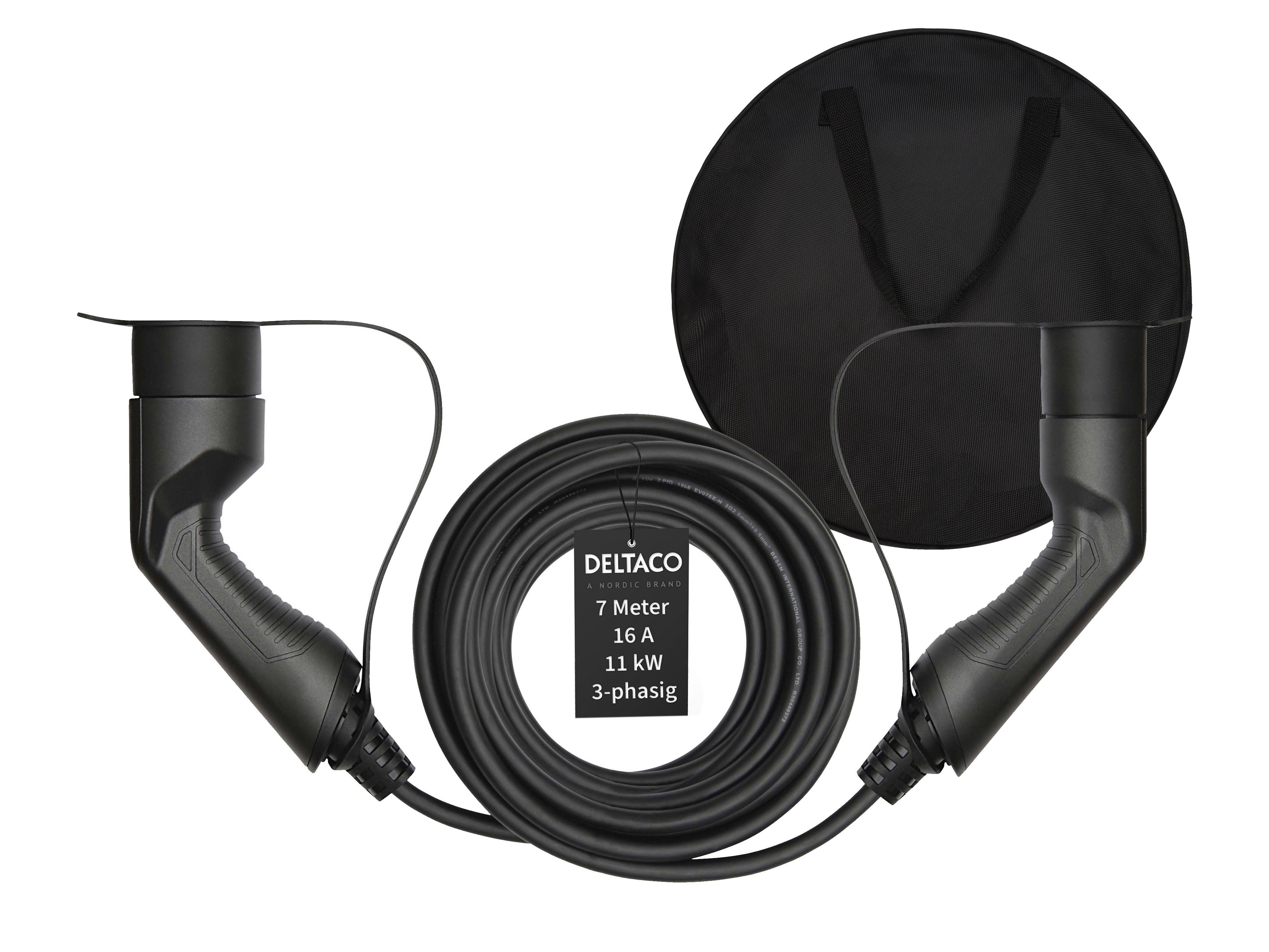 DELTACO EV-321B Autoladekabel, für Hybrid und E-Autos, Typ 2 auf Typ 2 (700 cm), inkl. Tasche, IP66 Zertifiziert, 3-phaisg 16A 11kW
