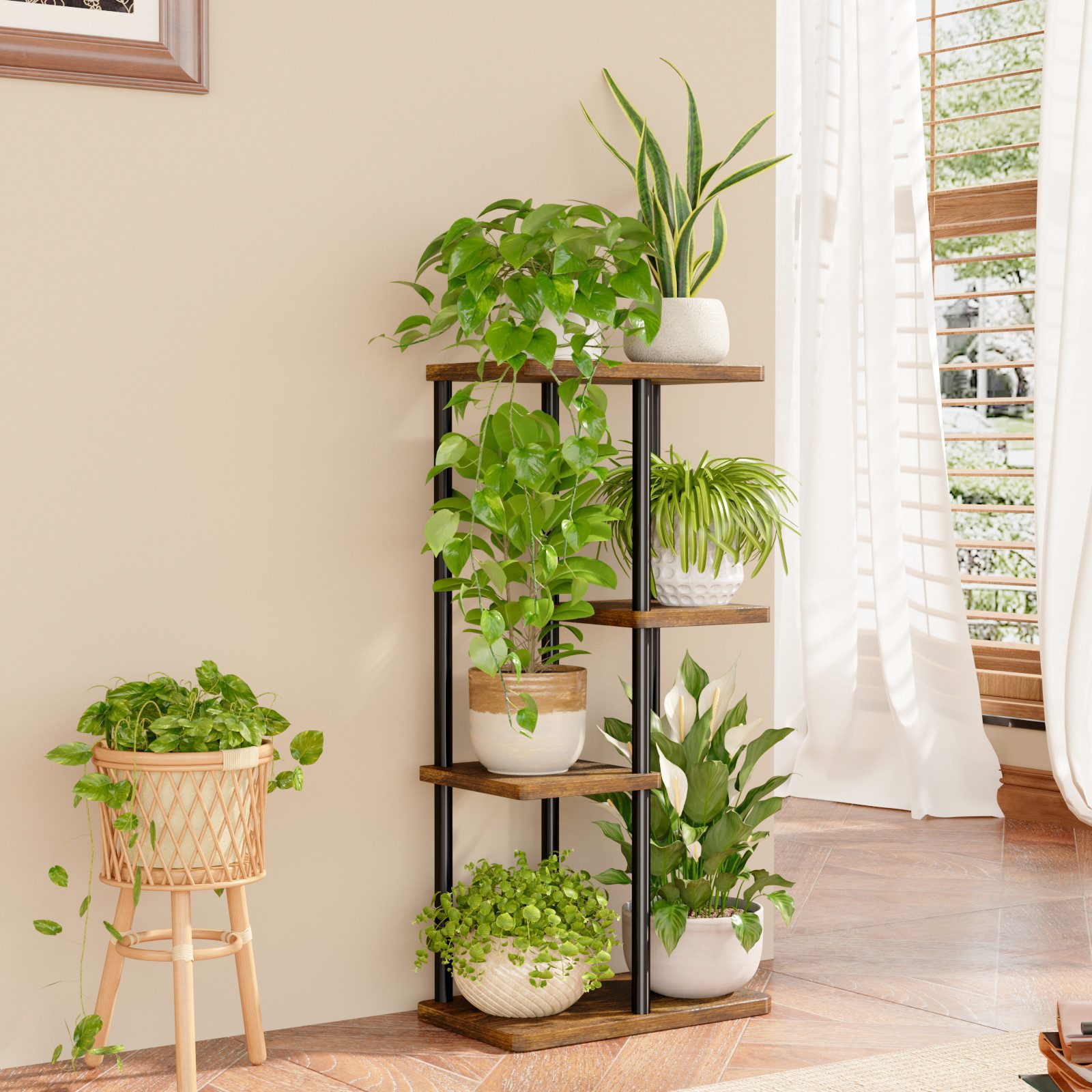 Bamworld Blumenständer Blumenschelf Pflanzenständer Pflanzenregal für mehrere Pflanzen (1 St), 4 Ebenen für 5 Töpfe, Eckpflanztisch – Maße 40 x 24 x 78 cm – Bild 5 von 5