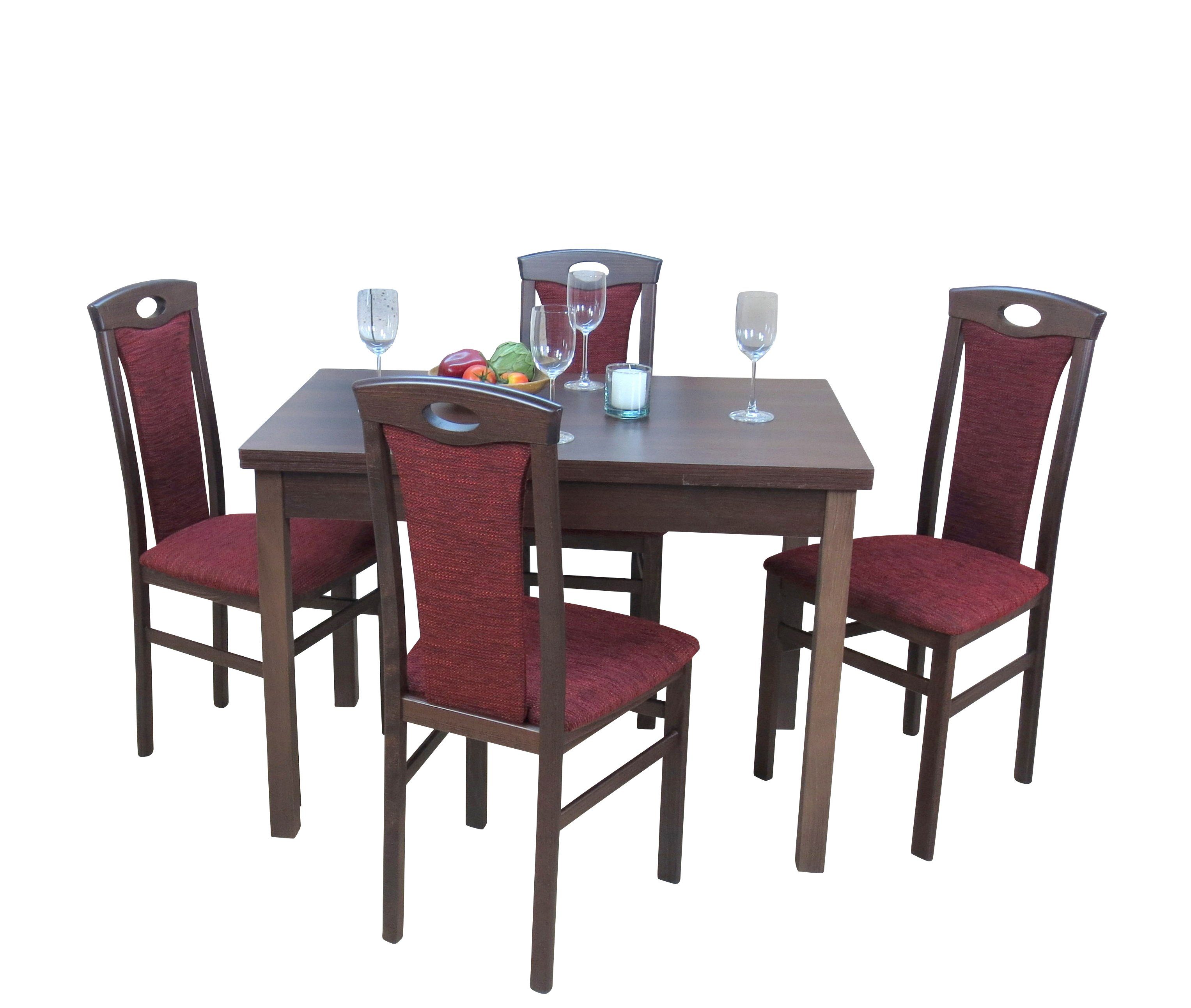 4 Tischgruppe 4 Essgruppe Stühlen Tisch Nussbaum-Nachbildung/bordeaux (Spar-Set, Janina, mit Farb-Nr. = moebel-direkt-online 5tlg),