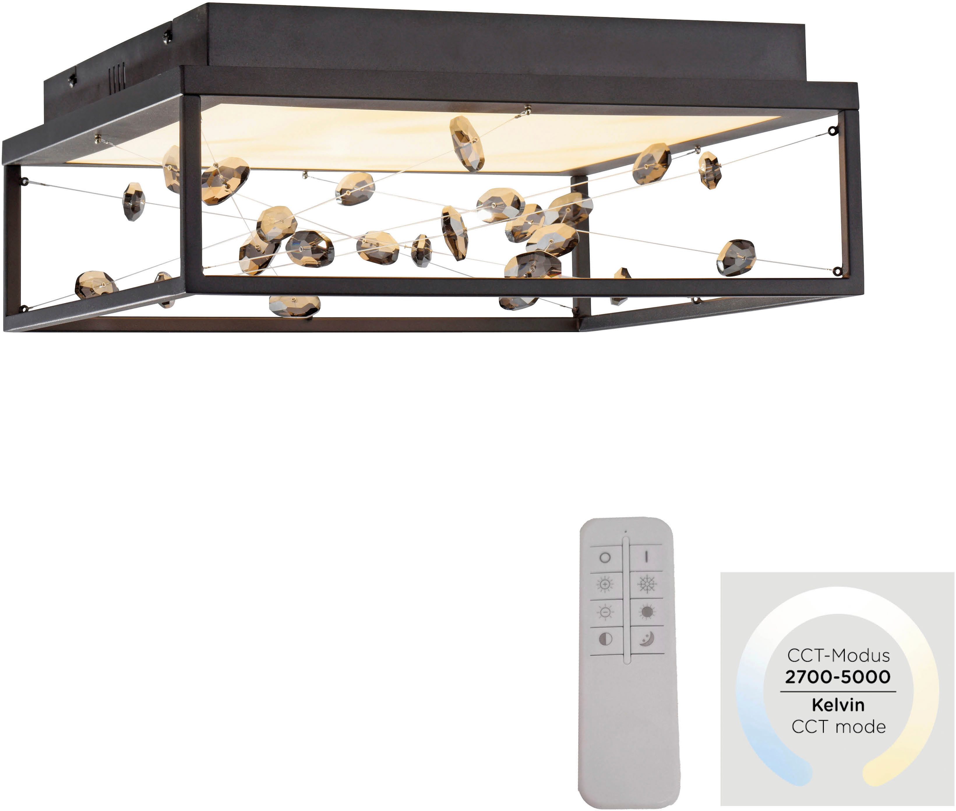 Paul Neuhaus LED Deckenleuchte SKINA, CCT - über Fernbedienung, LED fest integriert, warmweiß - kaltweiß, Funk-FB, CCT 2700-5000K, dimmbar, Memory, Kristall-Lichtspiel
