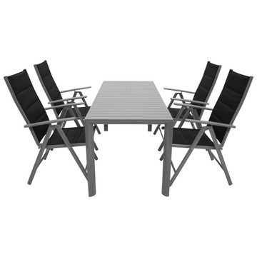 DEGAMO Garten-Essgruppe BAGO 5-teilig, 4x Klappsessel, 1x Ausziehtisch 120/162x70cm, Alu silbergrau