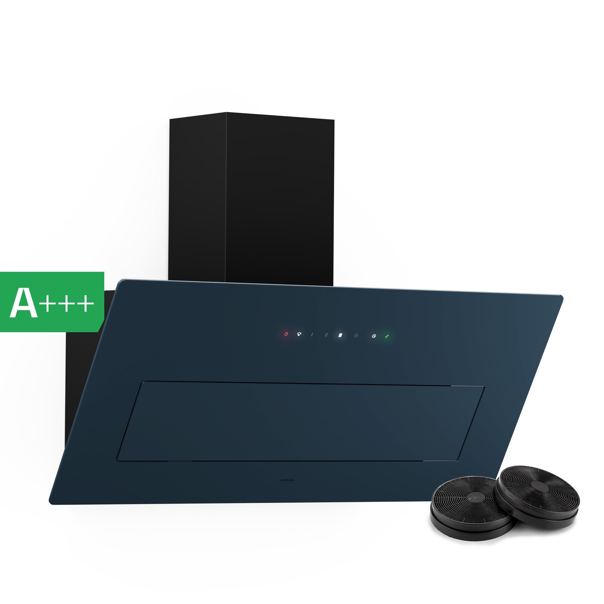 Klarstein Deckenhaube SleekAir Serie SleekAir Wandhaube 90 cm 717 m³/h A+++ Aktivkohle 39 dB Touch LED SleekAir, Dunstabzugshaube kopffrei Umluft Abluft mit Kohlefilter & 39 dB
