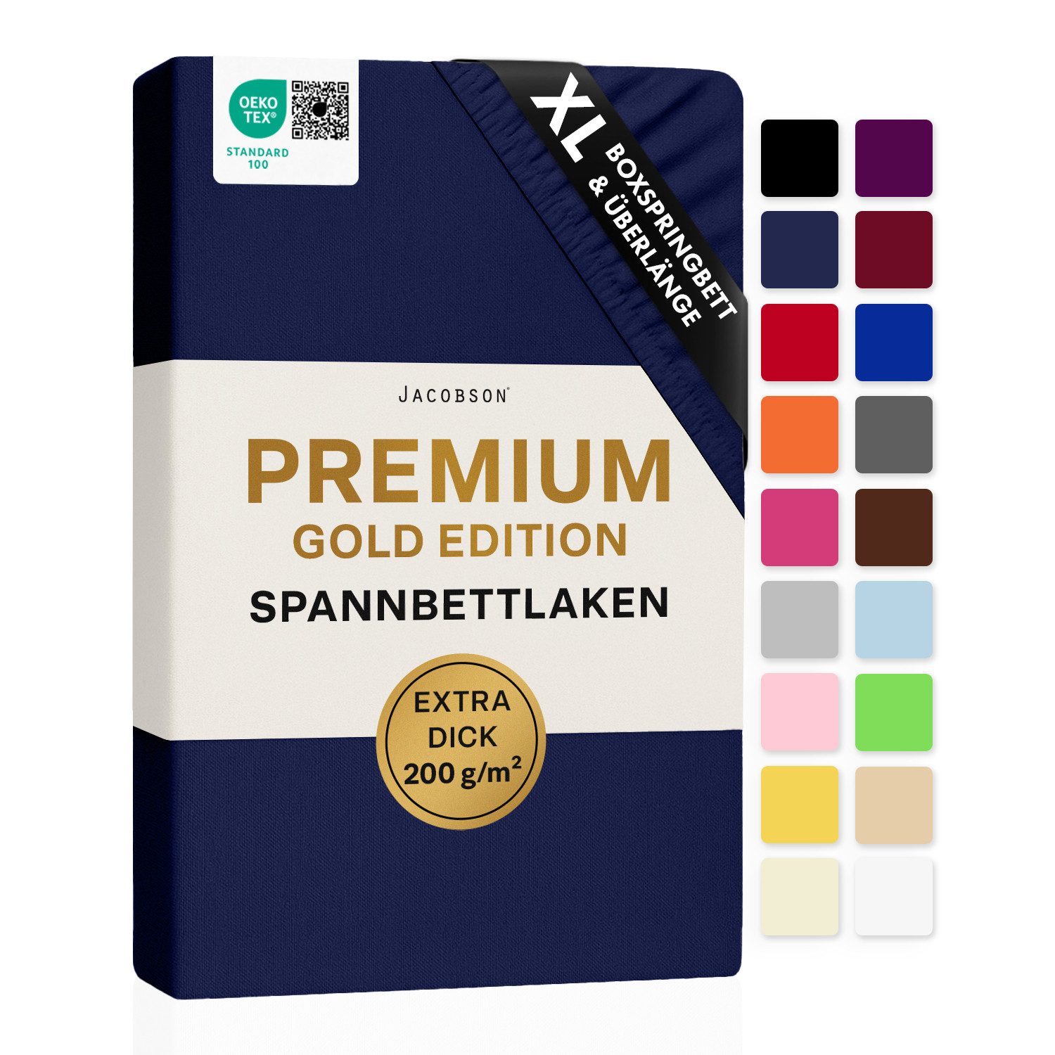 Jacobson Spannbettlaken PREMIUM für hohe Matratzen, Boxspringbett & Überlänge - 200 g/m², Stoffgewicht - straffer Sitz für maximalen Halt