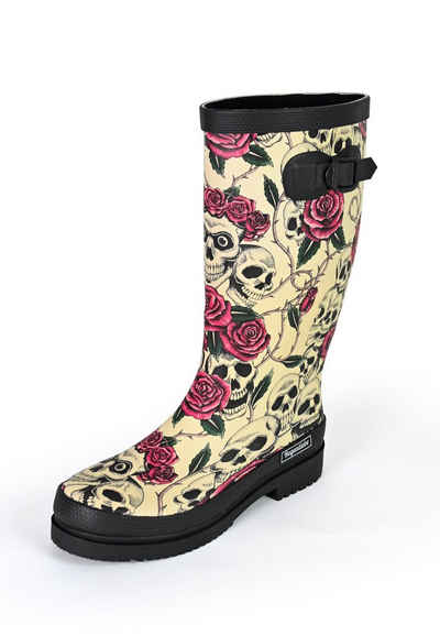 Regenliebe Ghost High Gummistiefel Langschaft Stiefel mit Totenköpfen und roten Rosen