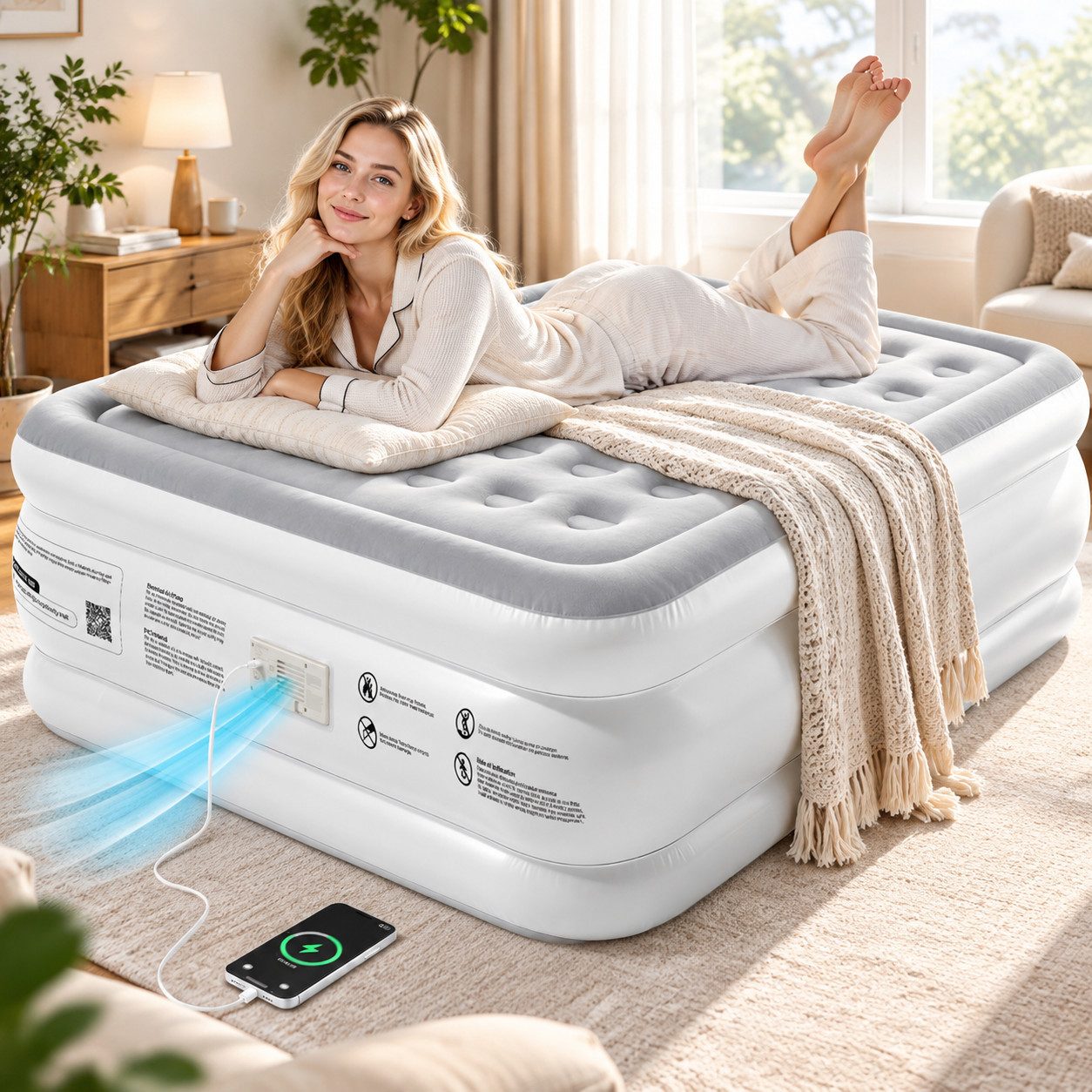MC Star Luftmatratze, (schnelles Aufblasen in 2,5 Minuten, leiser Betrieb, für 2 Personen, für Zuhause und Camping, mit integrierter Pumpe – automatisches Aufpumpen)