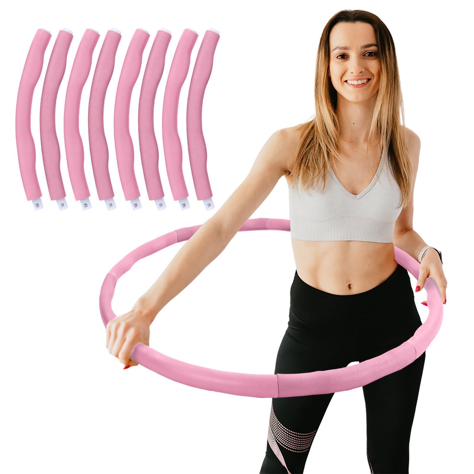 RAMROXX Hula-Hoop-Reifen Fitness Reifen 8 Teile gepolstert Durchmesser einstellbar Pink