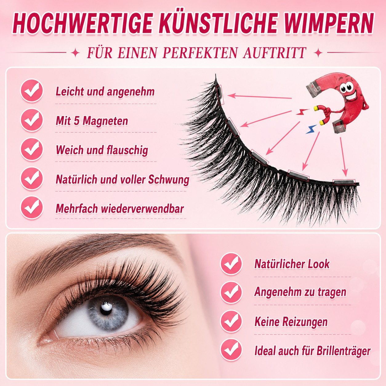 MOPUEA Magnetwimpern Magnetische Wimpern 12 Stück, 3D Magnet Fake Lashes, Wasserdichtem Dünne Wimpern,Magnetic Eyelashes Set Mit Zange, 15 tlg., Magnetische Wimpern 3 Paar,Einfach zu Tragen