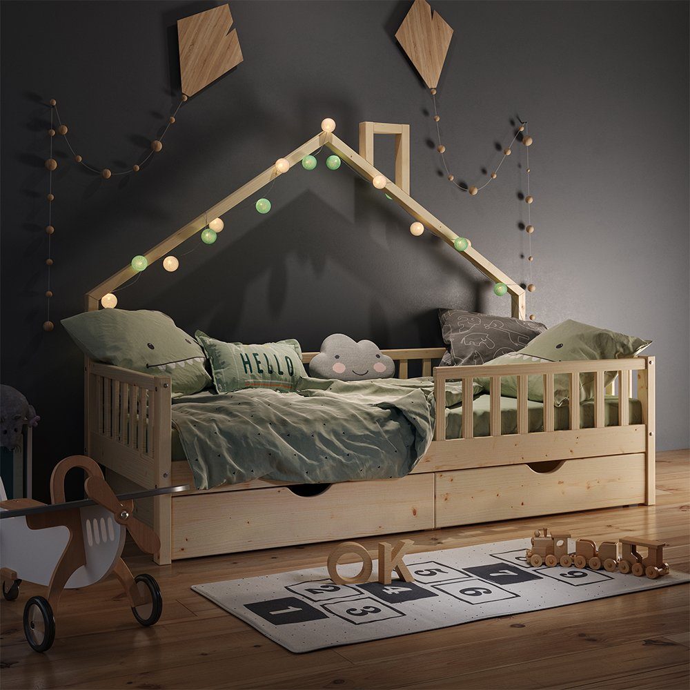 VitaliSpa® Hausbett Noemi, Naturholz, 90x200 cm mit 2 Schubladen