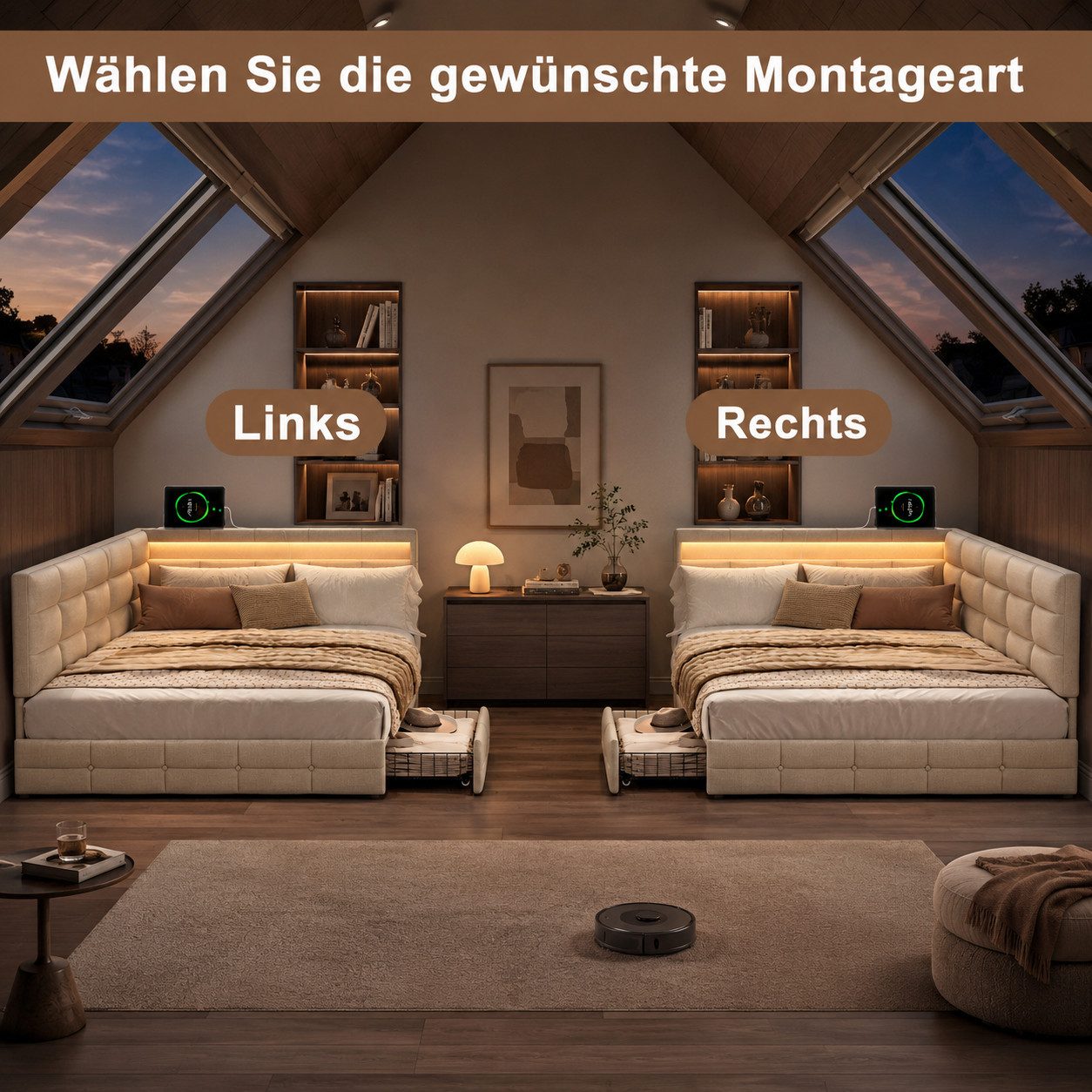 Simurq Polsterbett Daybett mit LED-Beleuchtung & USB, Tagesbett Jugendbett (1-tlg., in 2 Größen verfügbar), Schlafsofa Sofabett mit 2 Schubladen – Bild 2 von 5